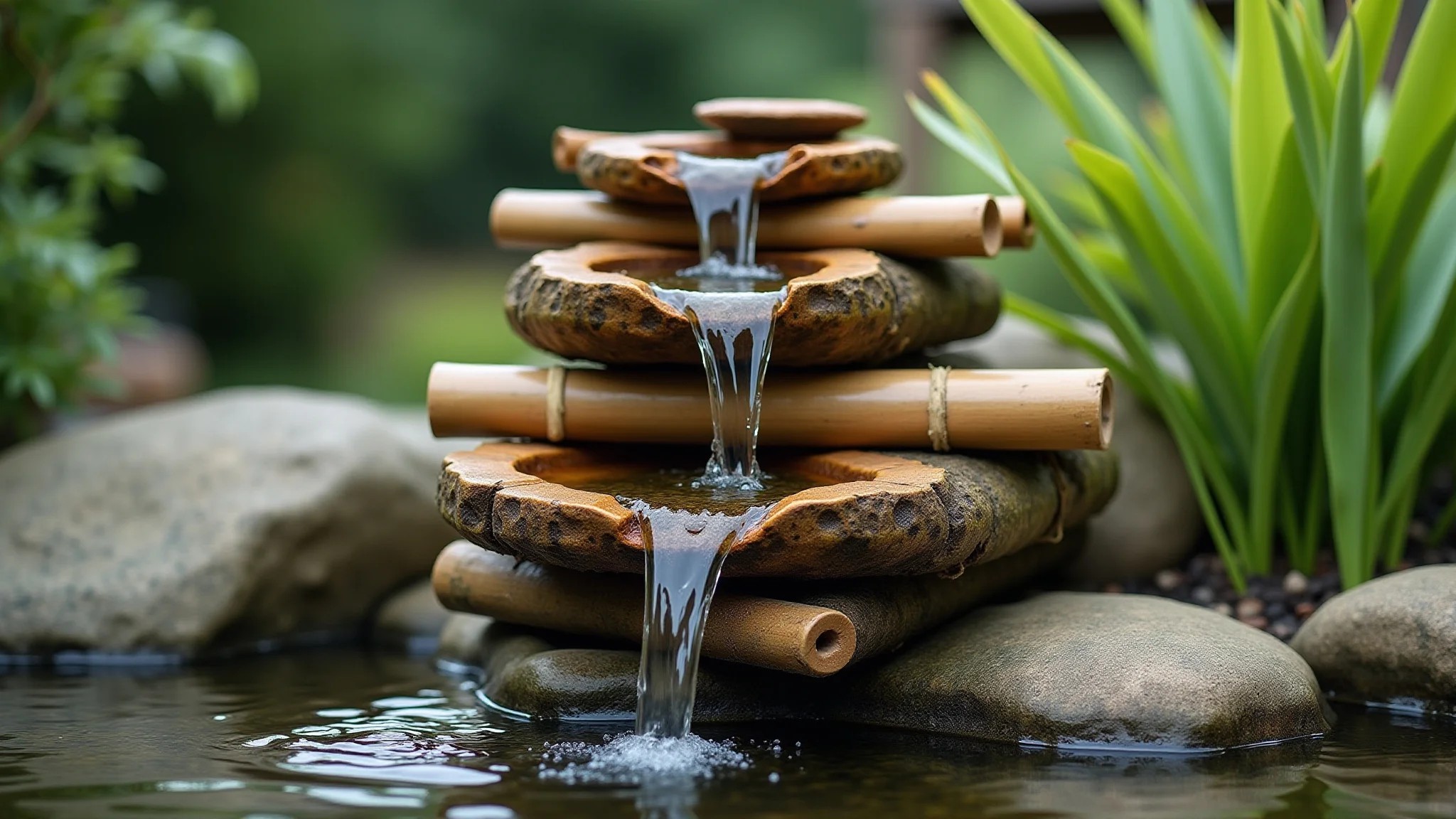 Cascata de bambu em um jardim zen com iluminação suave.