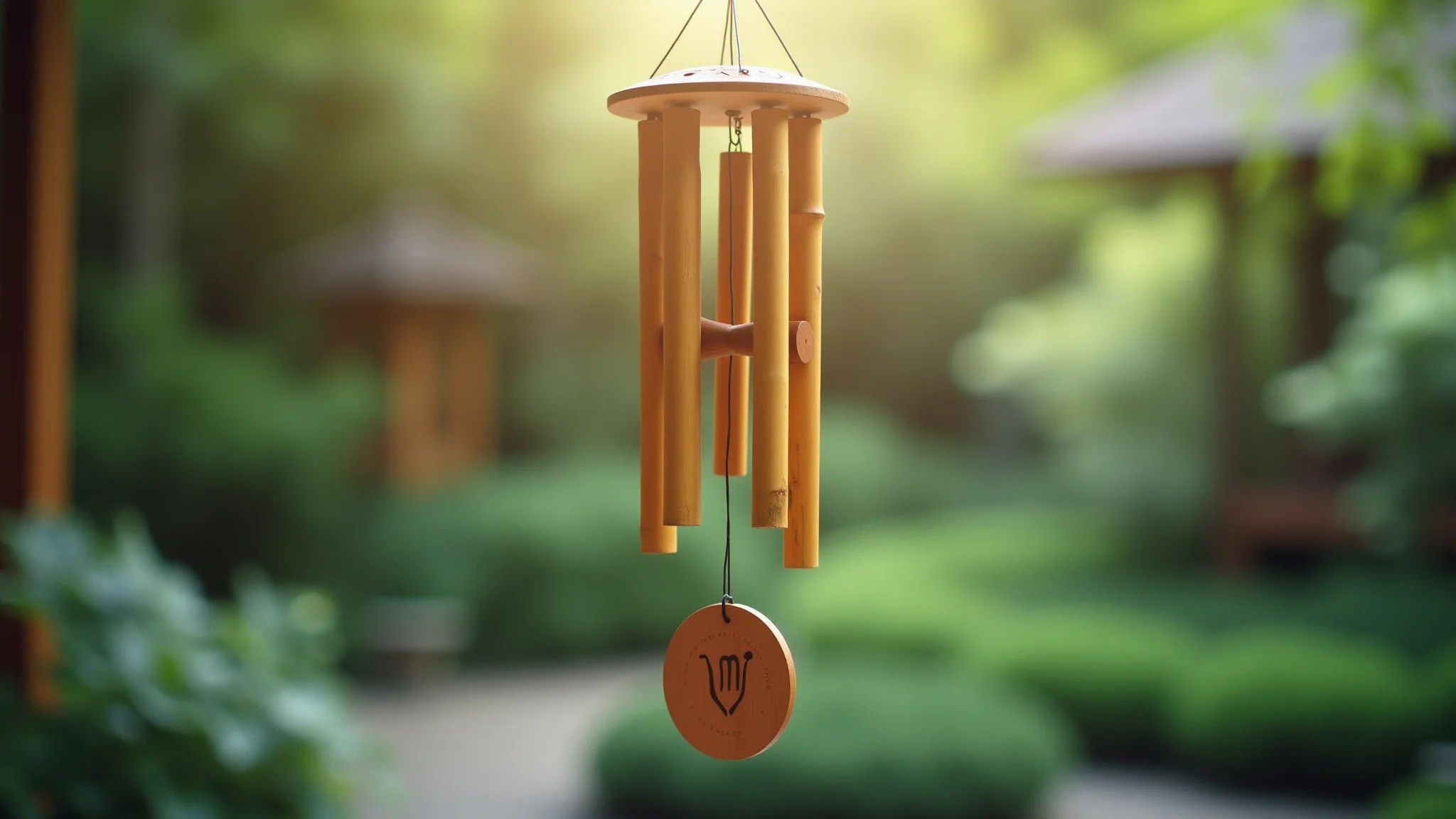 Sino dos ventos de bambu pendurado em um jardim zen.