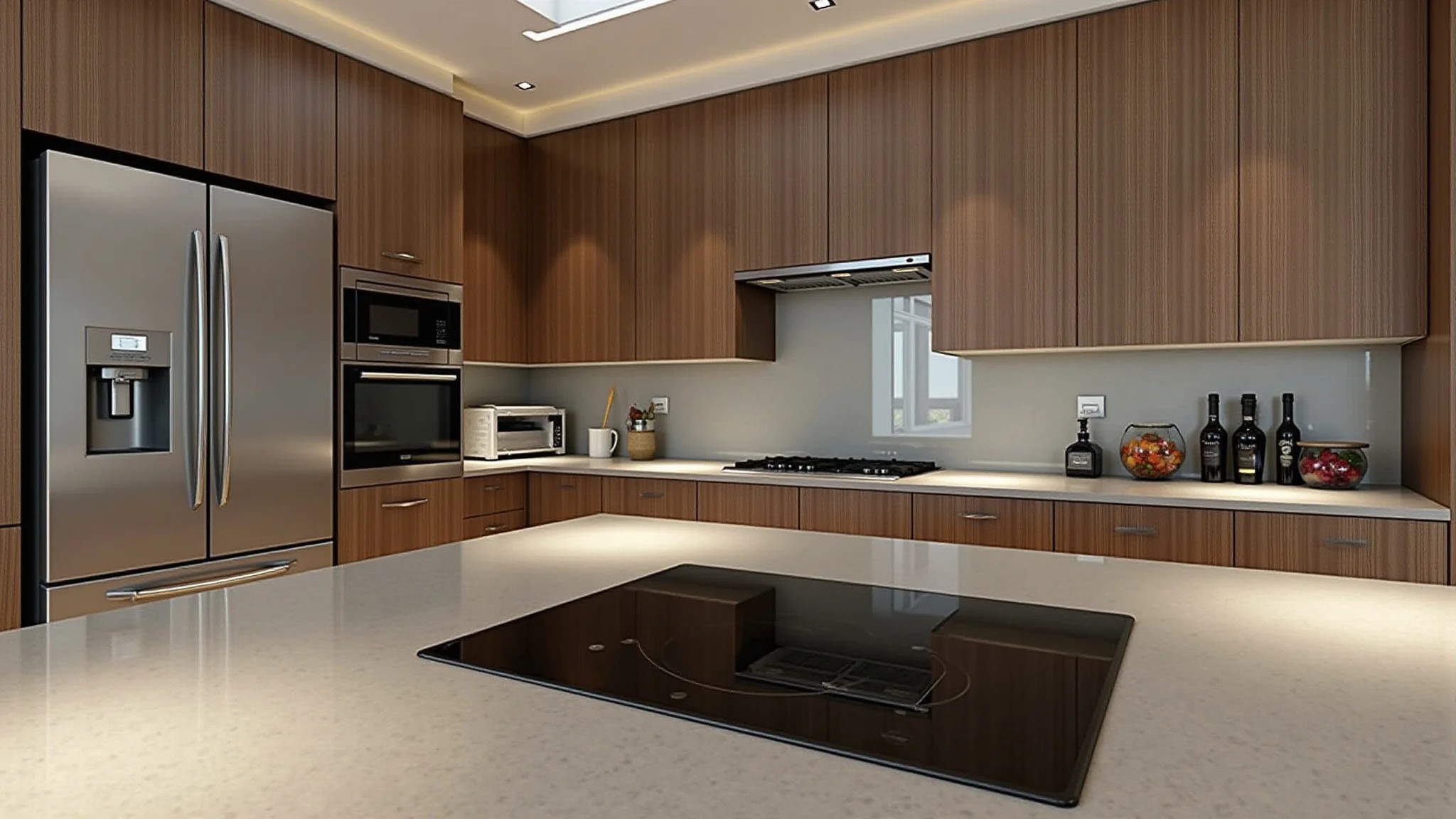 Bancada de cozinha com cooktop integrado, detalhes em madeira e pedra.