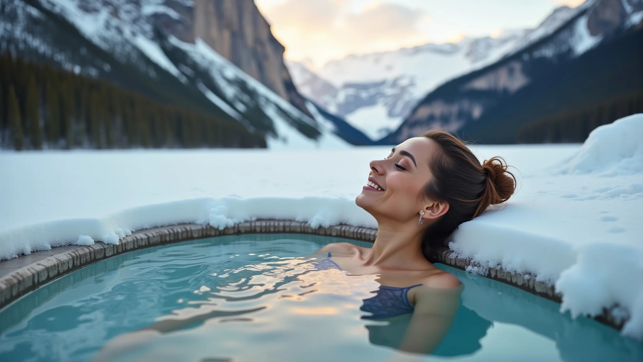 Mulher relaxando em águas termais em Banff no inverno, montanhas e neve.
