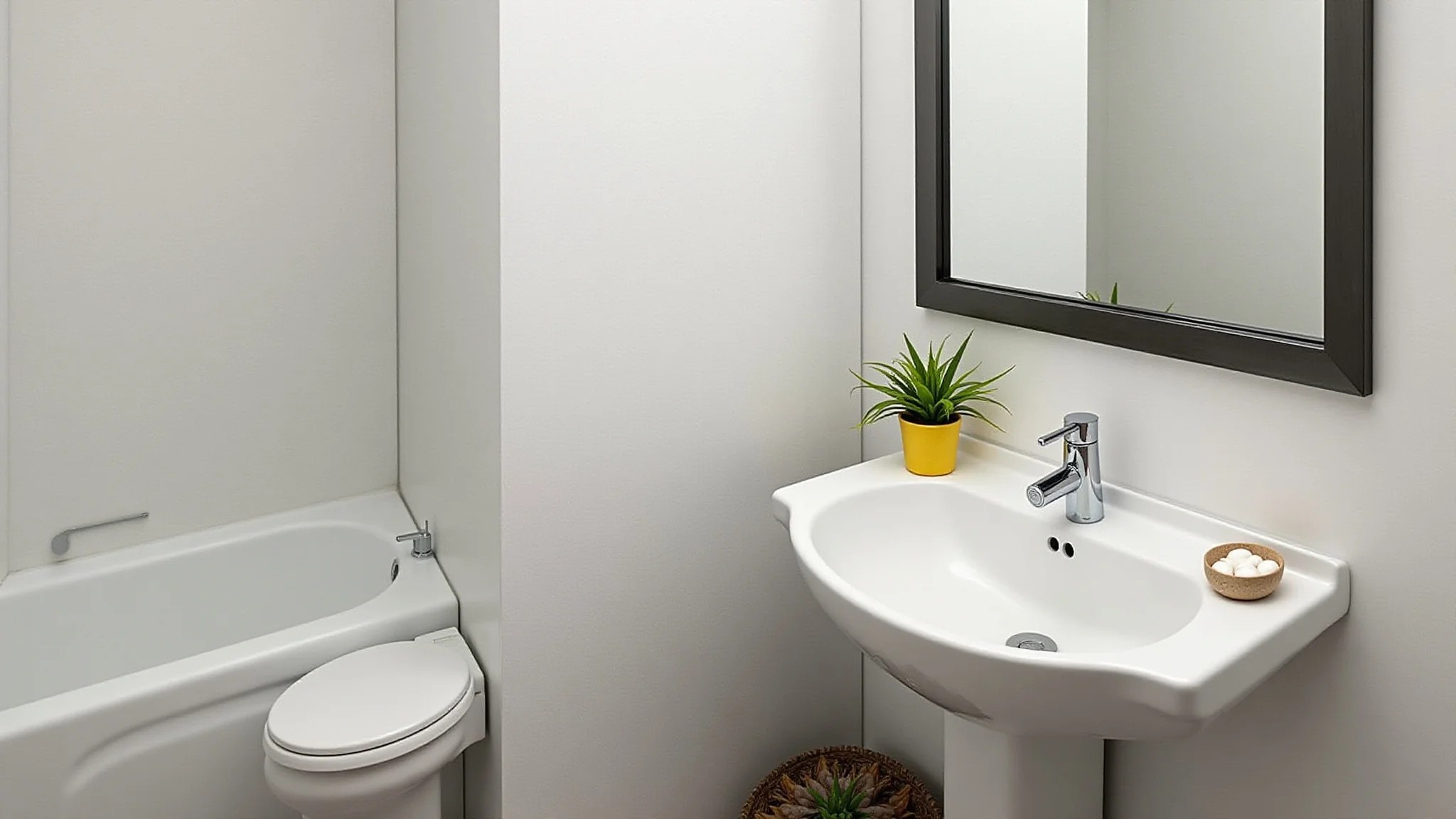 Banheiro clean com azulejo metro white, contraste preto e plantas