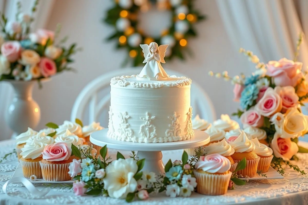 Mesa do bolo batizado: bolo anjo, cupcakes, flores, tons pastel
