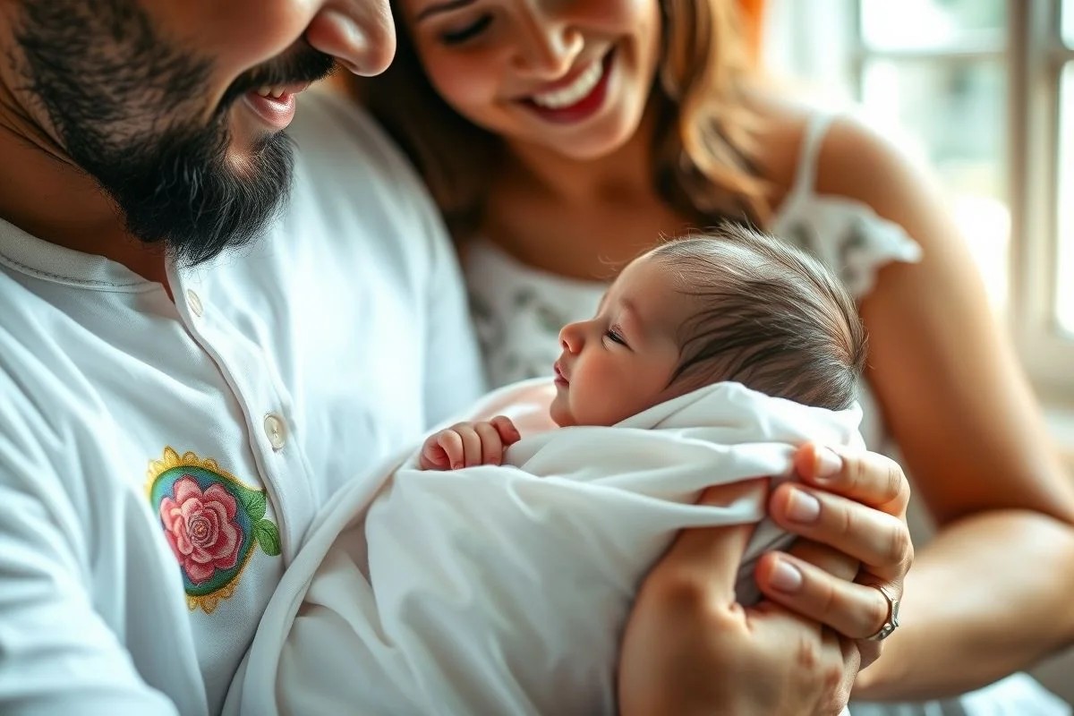 Bebê em vestido branco sendo batizado no Brasil, foco suave no rosto, luz natural.