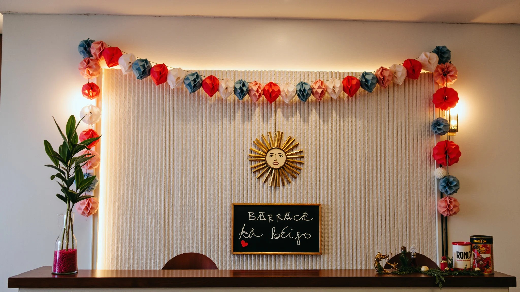 Barraca do Beijo decorada com guirlanda de corações e lanternas coloridas.