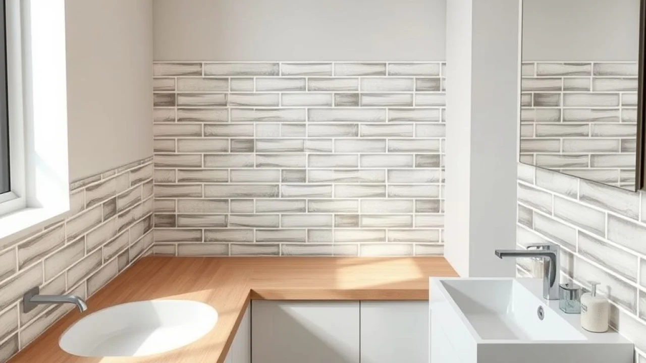 Lavabo com detalhe em pastilhas adesivas, design moderno e clean.