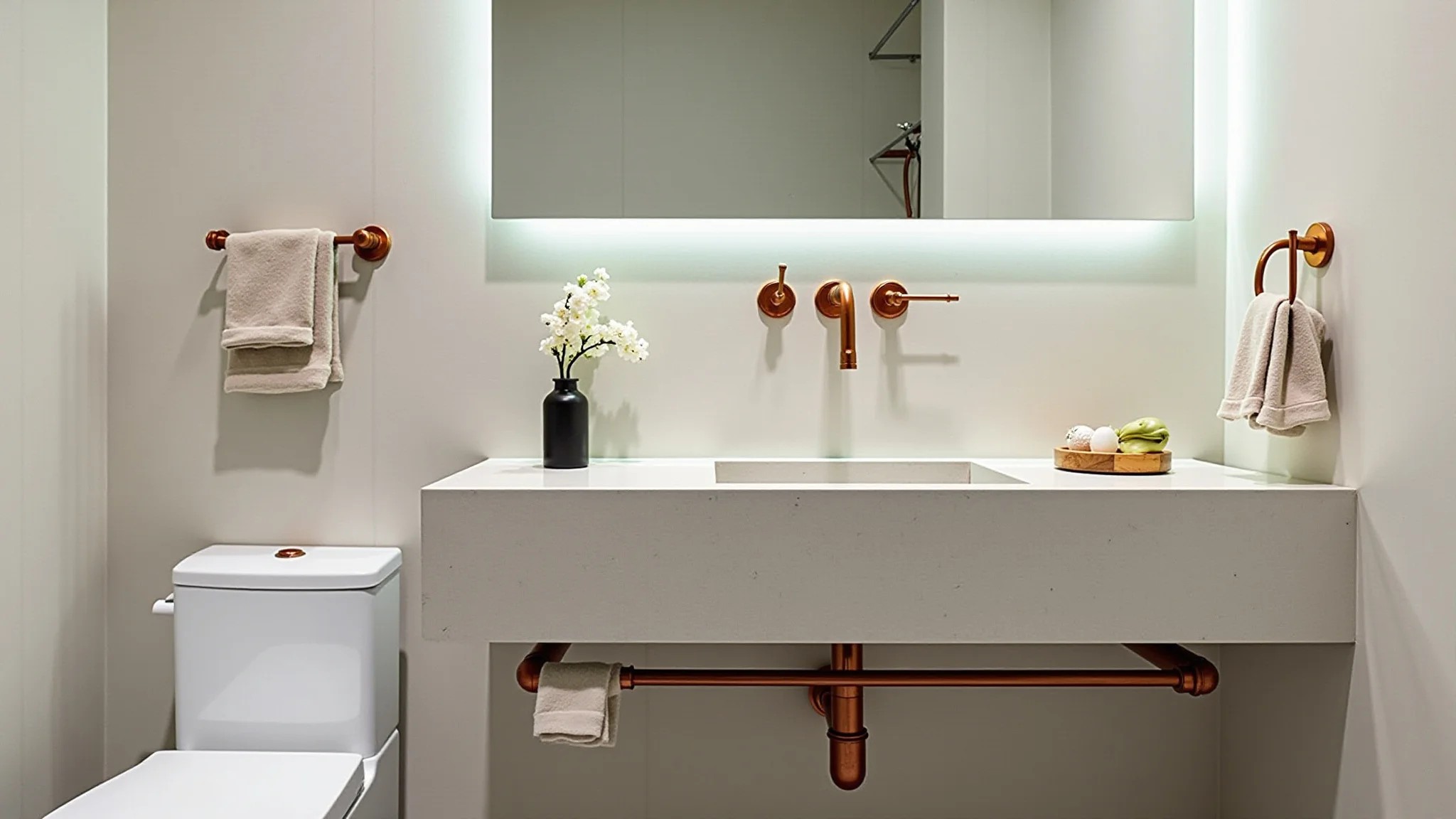 Banheiro com pia de concreto, tubulação de cobre e decoração minimalista.