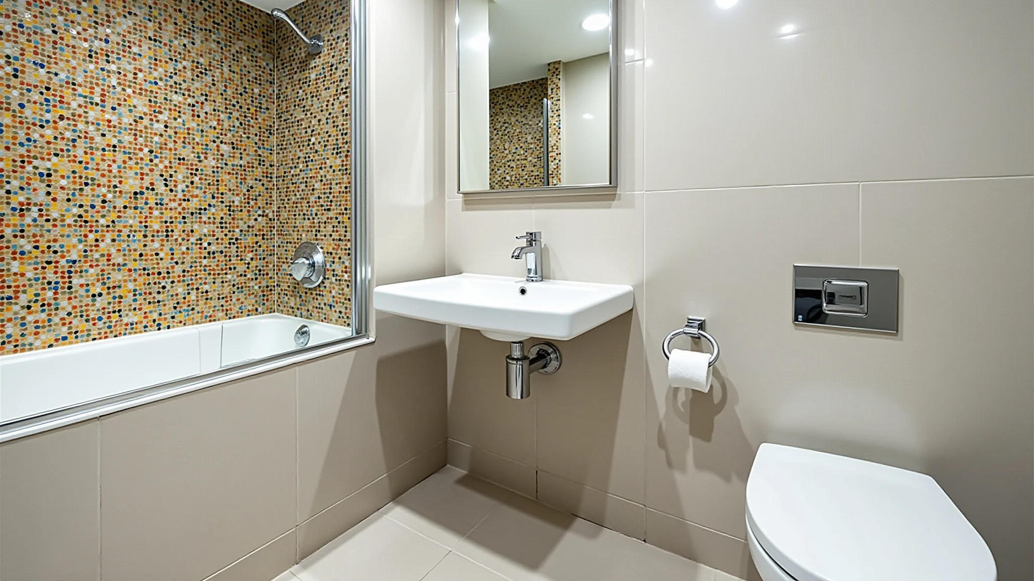 Banheiro com mosaicos coloridos, iluminação vibrante e acessórios modernos.