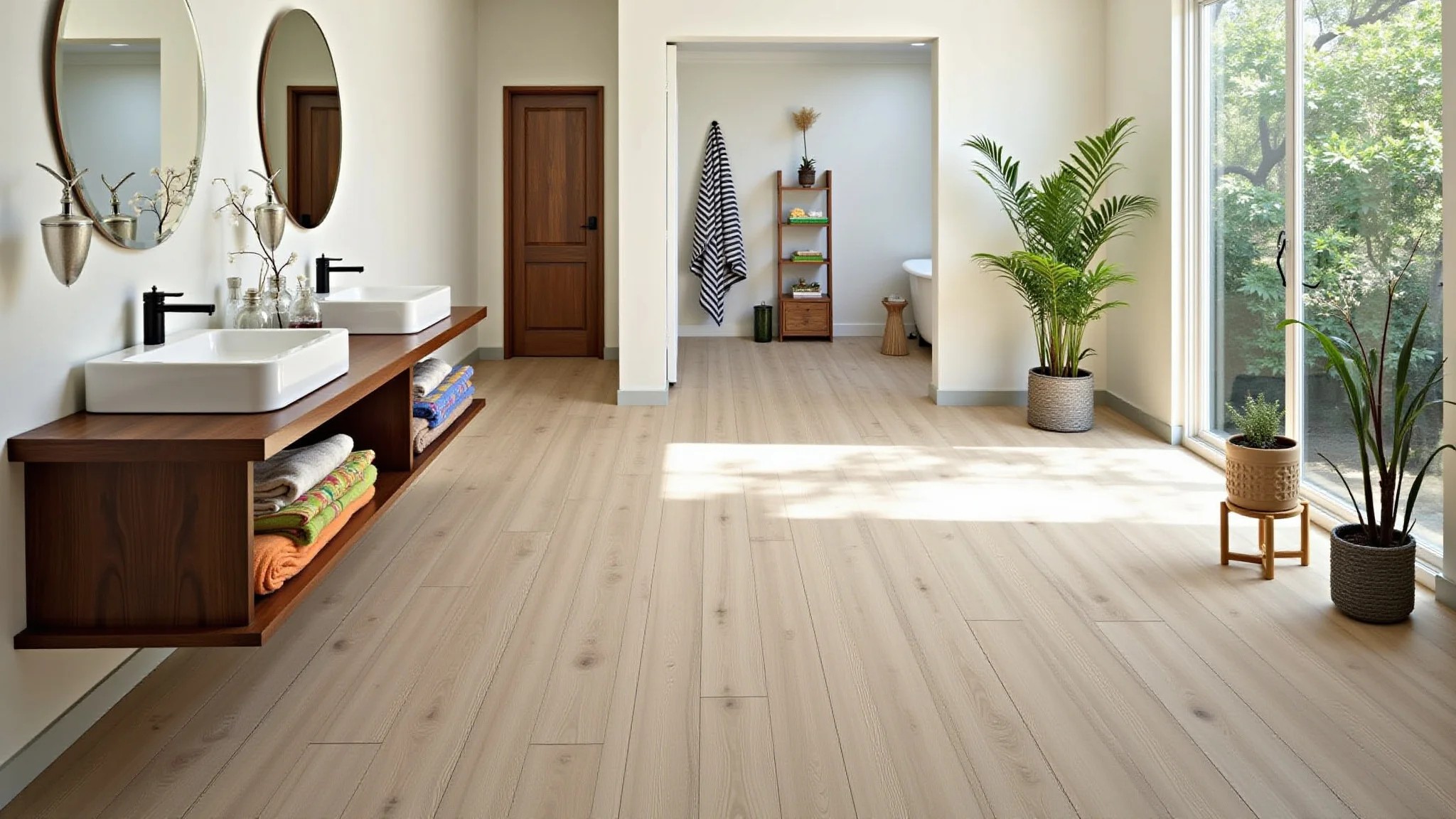 Banheiro aconchegante com porcelanato imitando madeira e decoração vibrante.