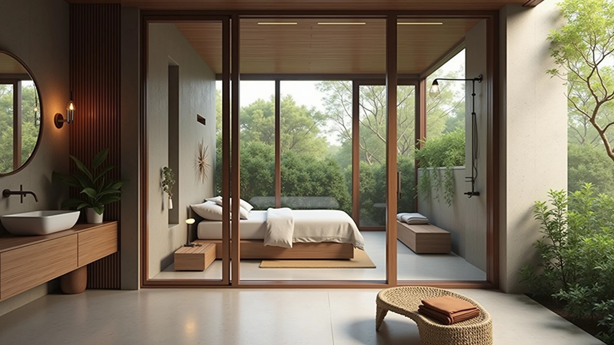 Banheiro integrado com chuveiro walk-in, materiais naturais e estilo brasileiro.