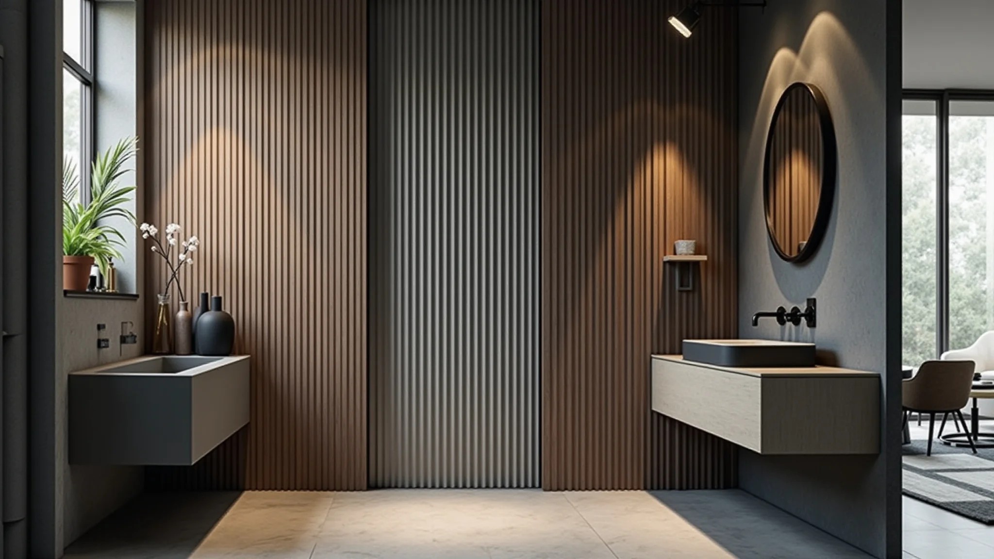 Banheiro moderno com metais pretos foscos, design minimalista e iluminação clara.