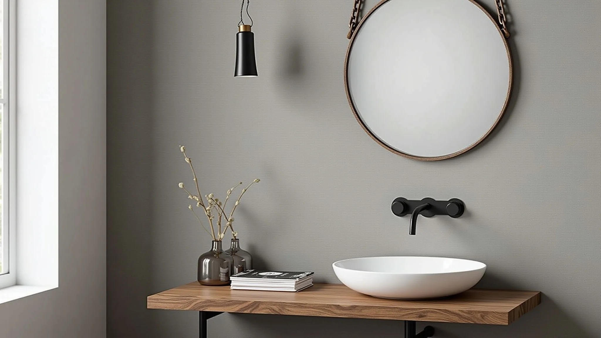 Lavabo com espelho redondo pendurado por corrente rústica, estilo industrial.
