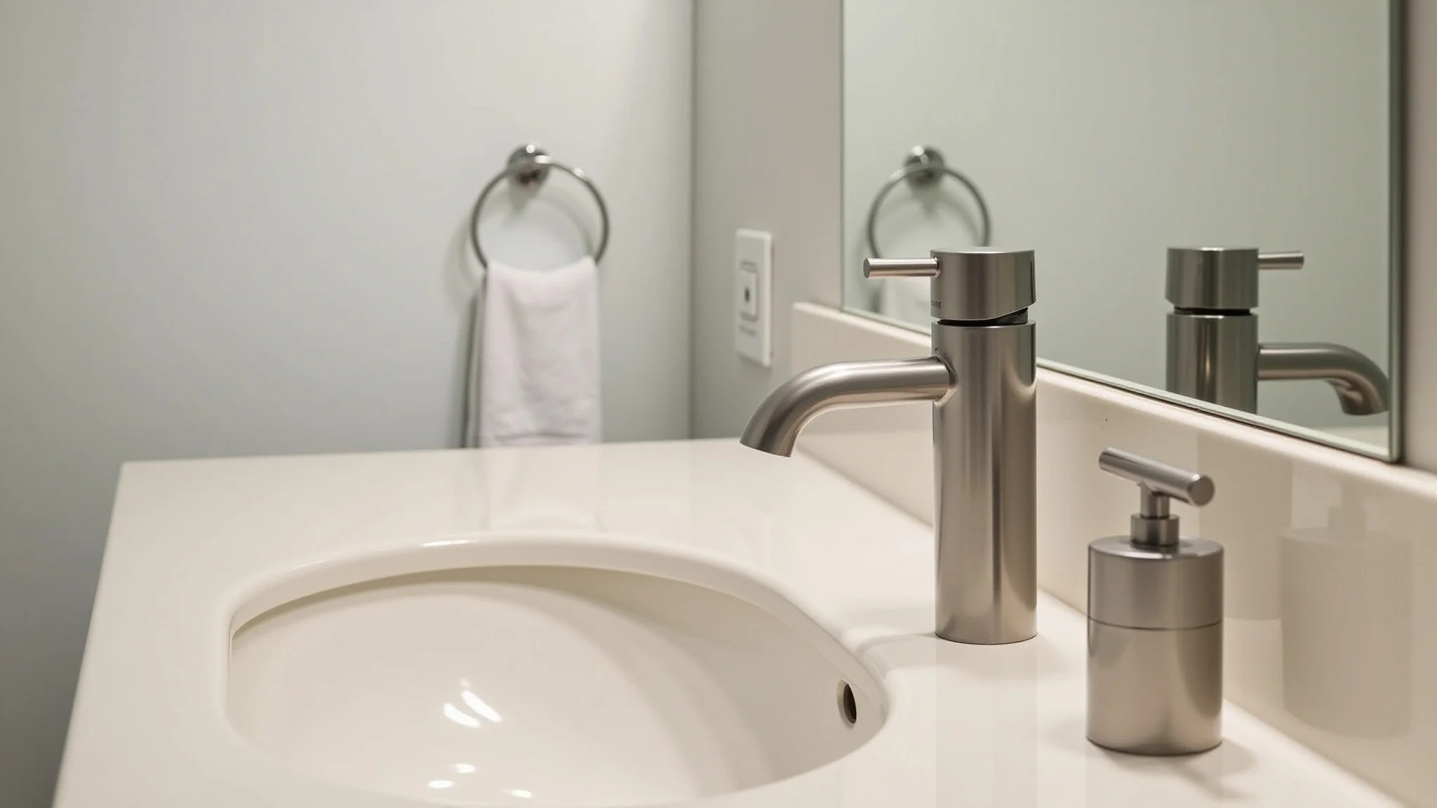 Reforma de banheiro focada em pia e torneira acessíveis e design clean.