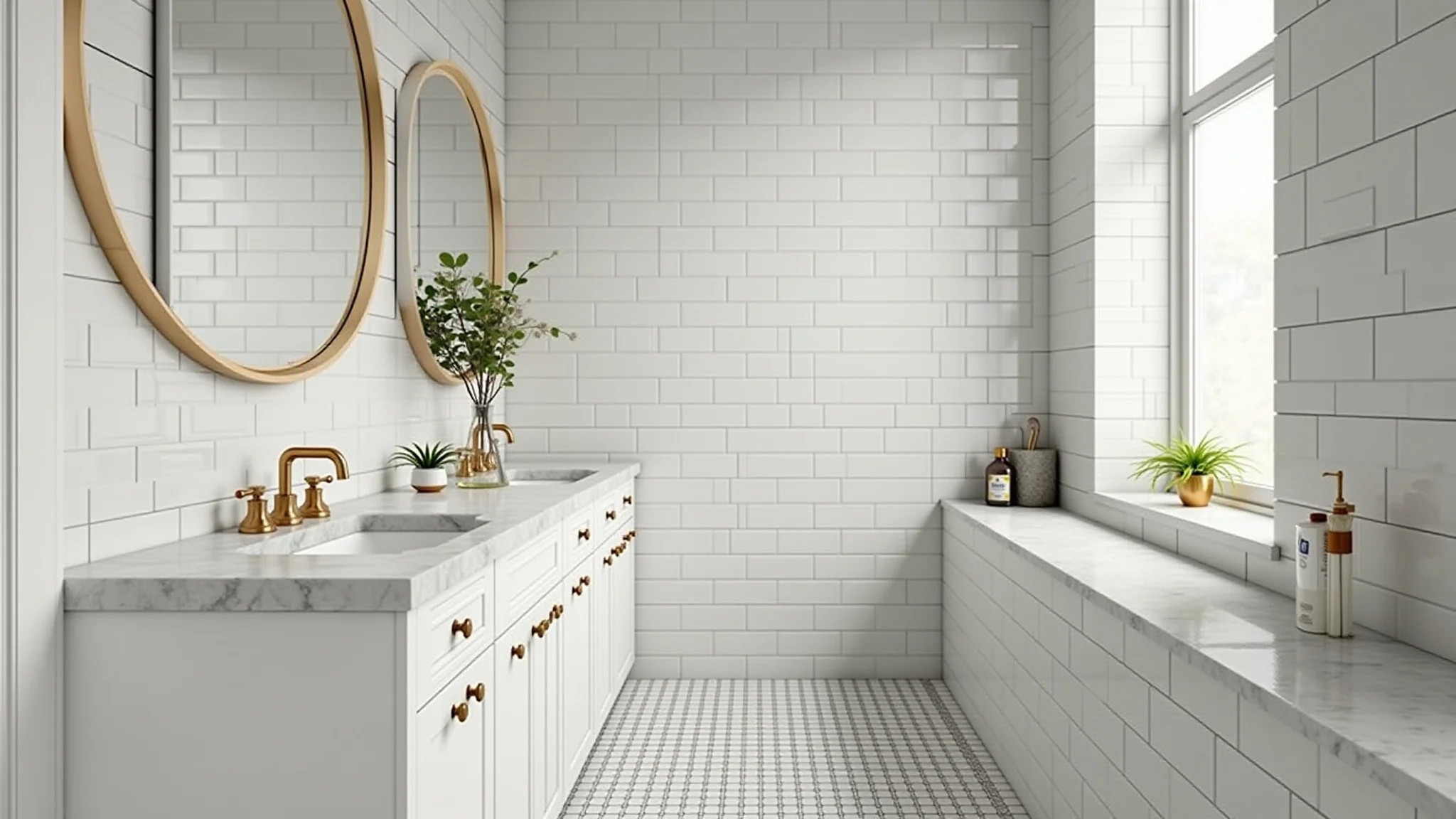 Banheiro com azulejos metro white, bancada de mármore e metais dourados.