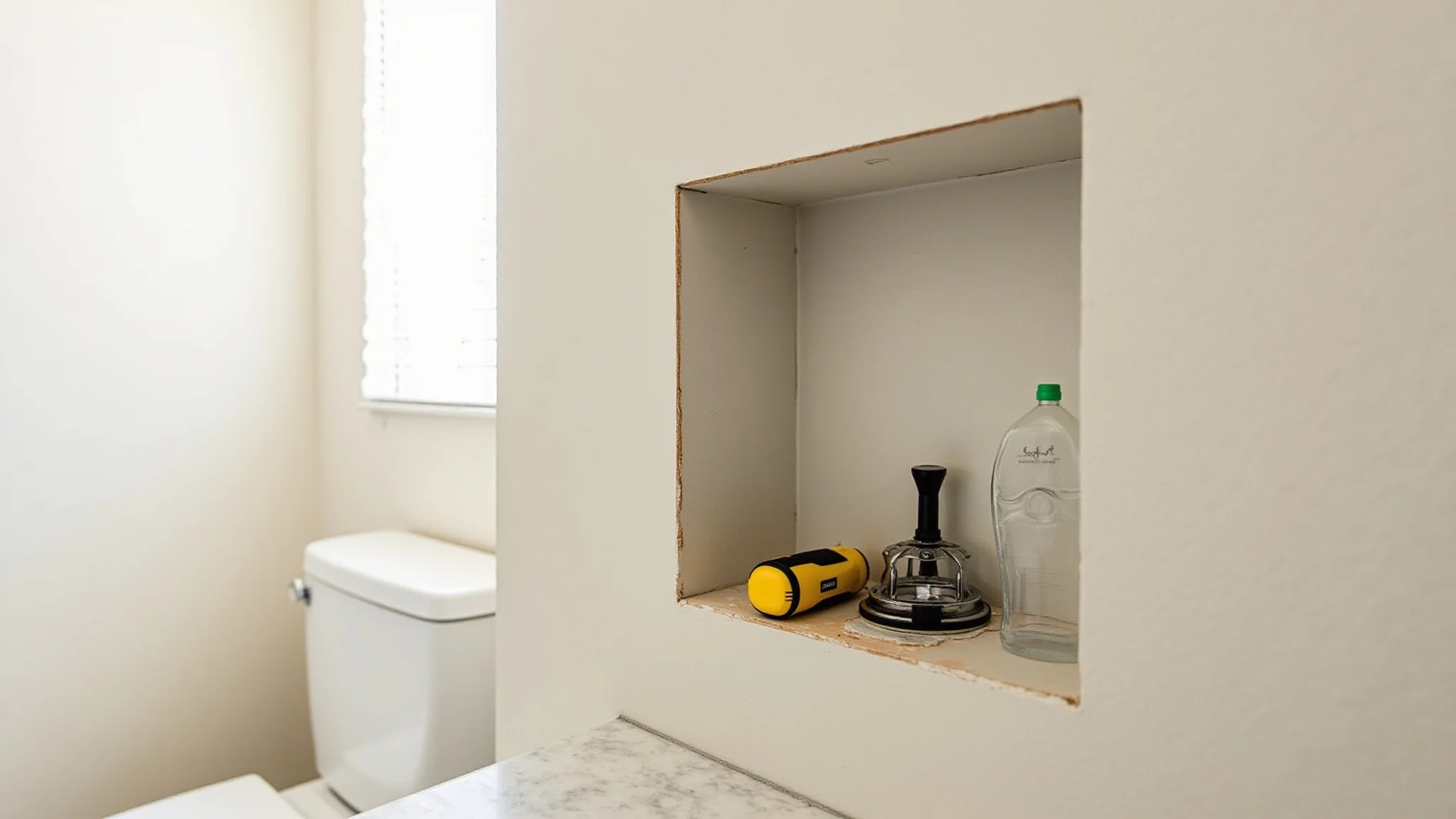 Instalação de nicho de banheiro em andamento, projeto DIY.