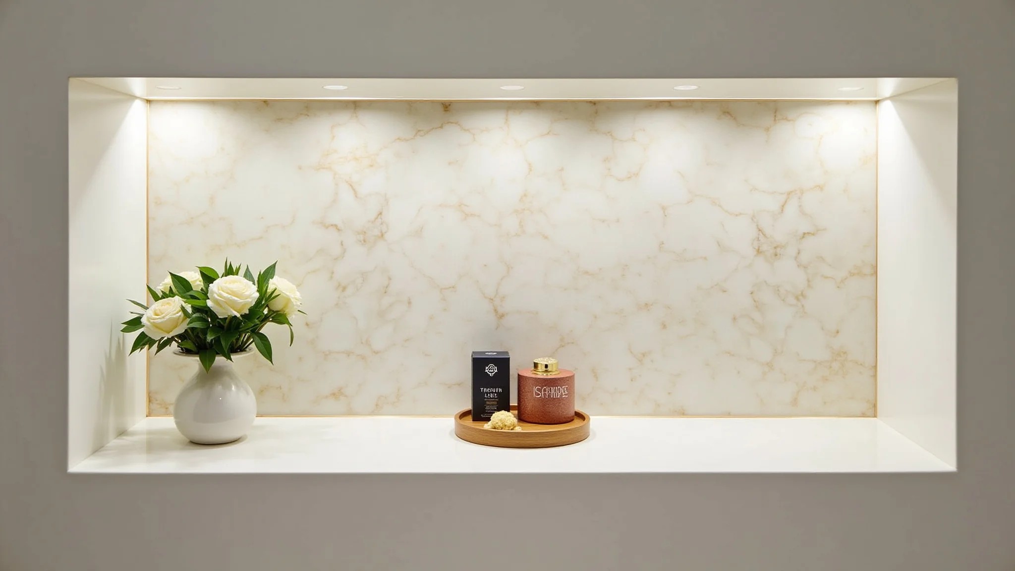 Nicho de banheiro com filete de mármore Calacatta Gold e iluminação indireta.