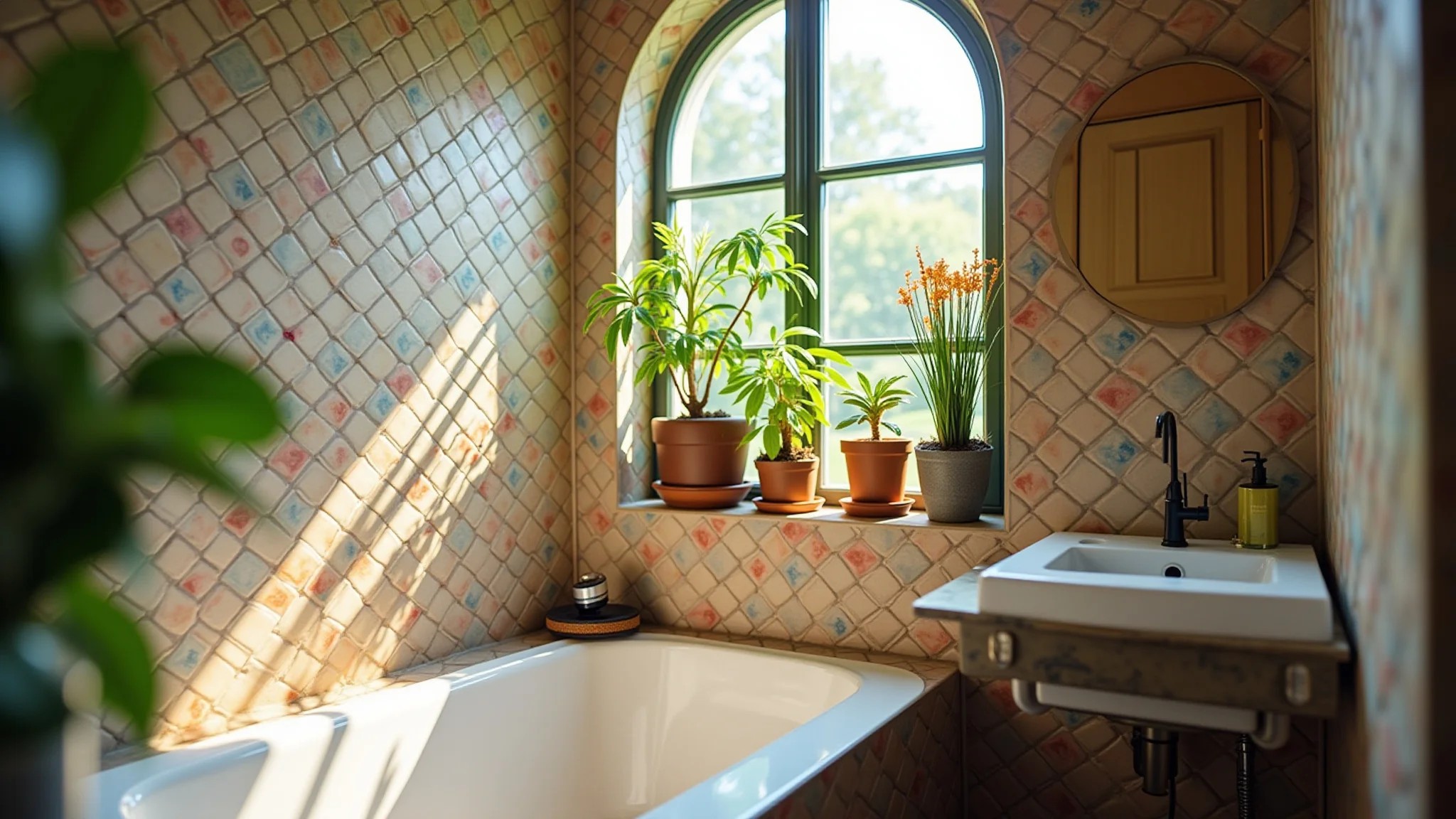 Nicho de banheiro com azulejos coloridos, plantas e iluminação vibrante.