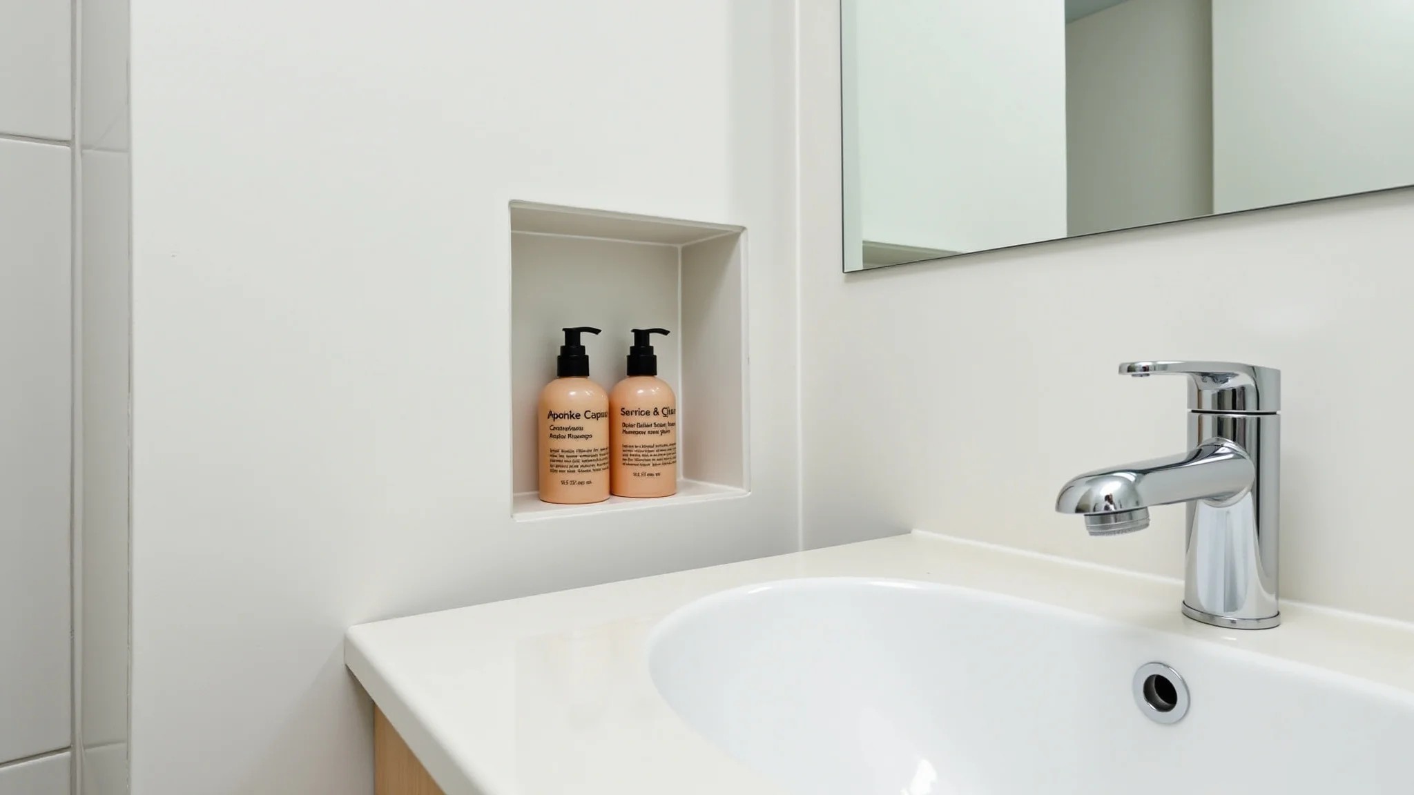 Nicho embutido no banheiro com shampoos, design minimalista e iluminação clara.