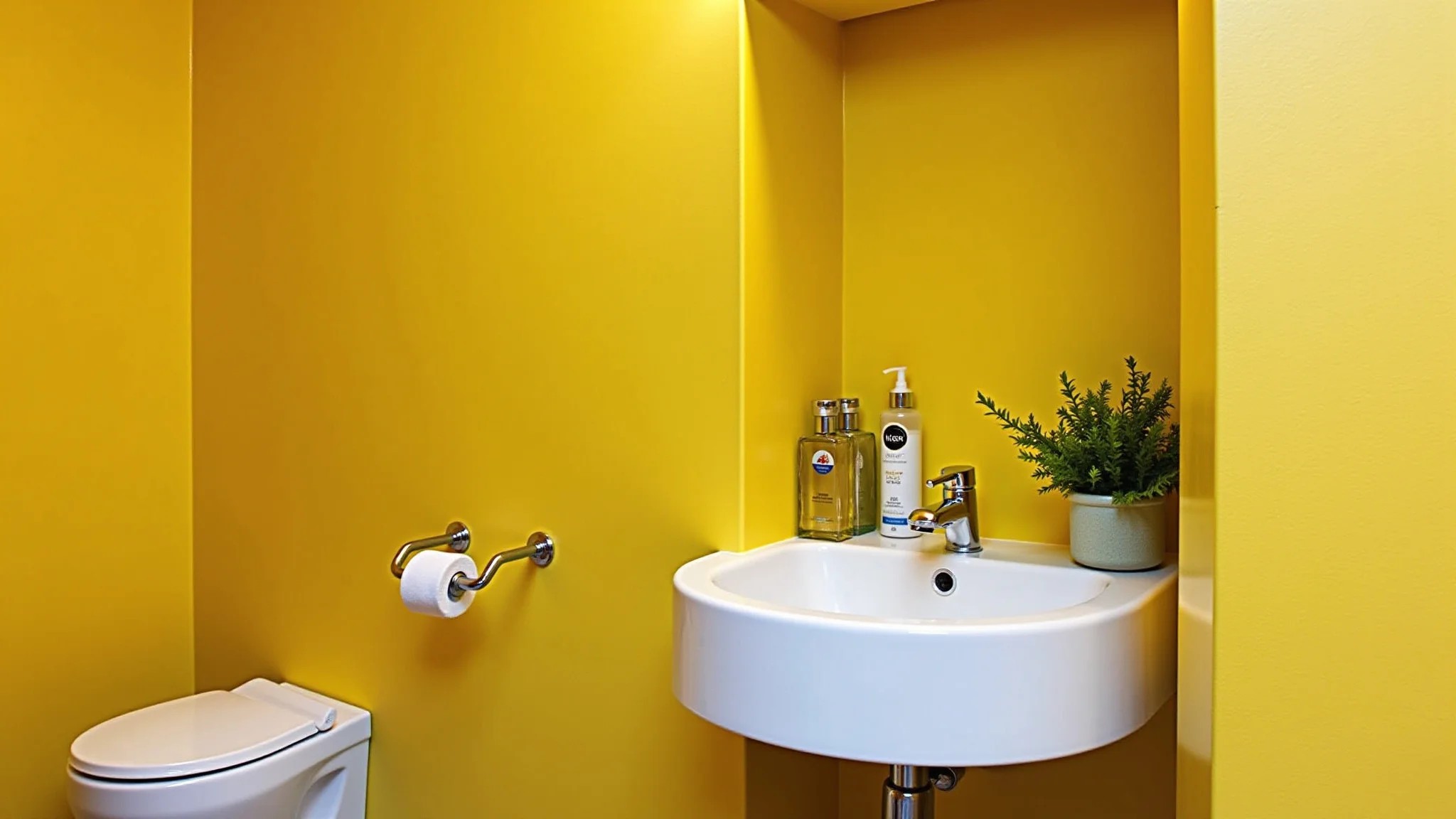 Nicho de banheiro pintado de amarelo vibrante, design alegre e iluminado.