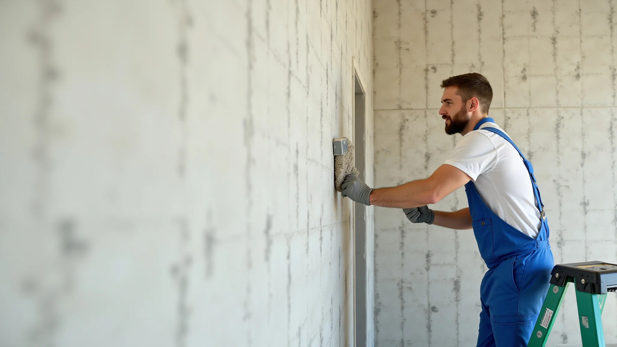Reforma de banheiro com instalação de drywall e profissional aplicando massa nas juntas.