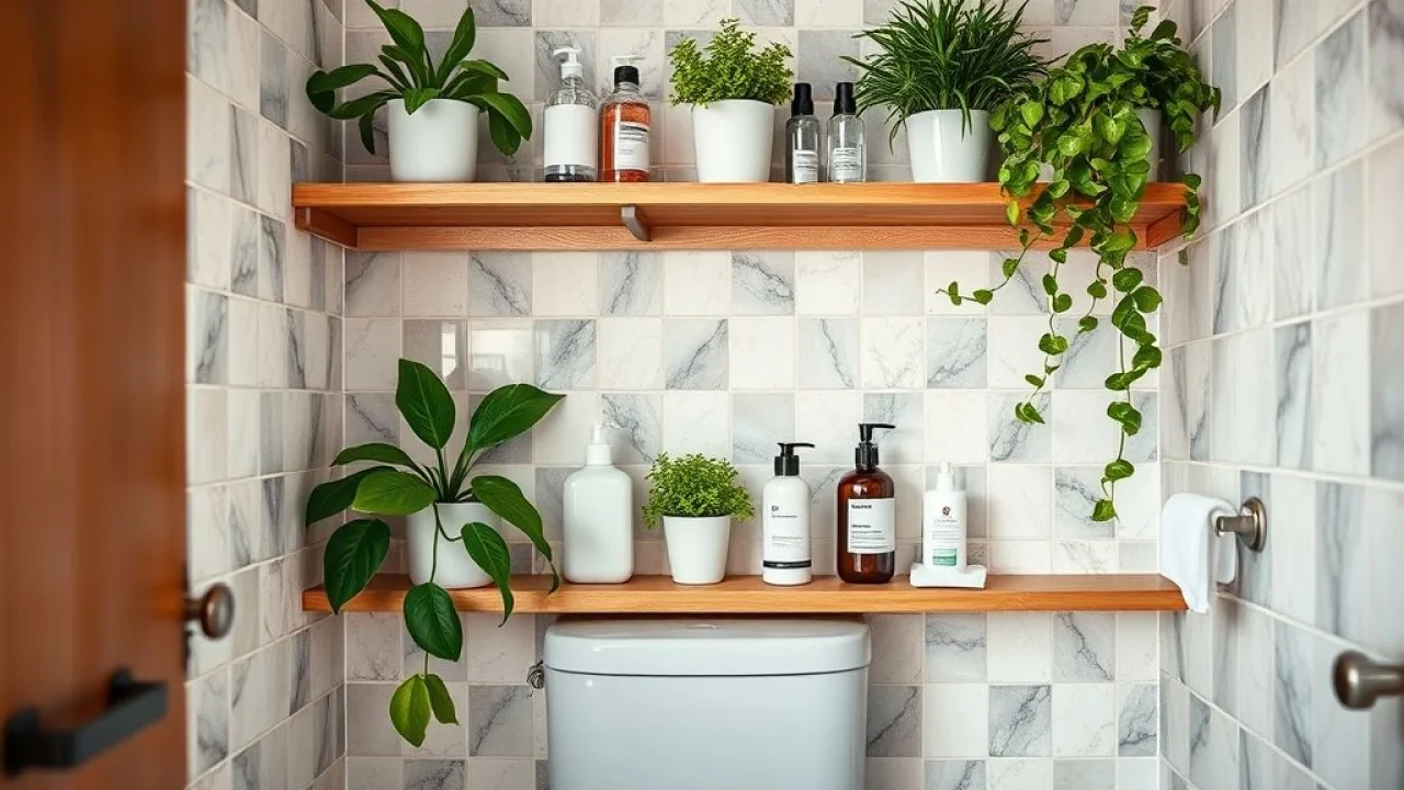 Decoração de banheiro com prateleira de madeira, plantas e itens organizados