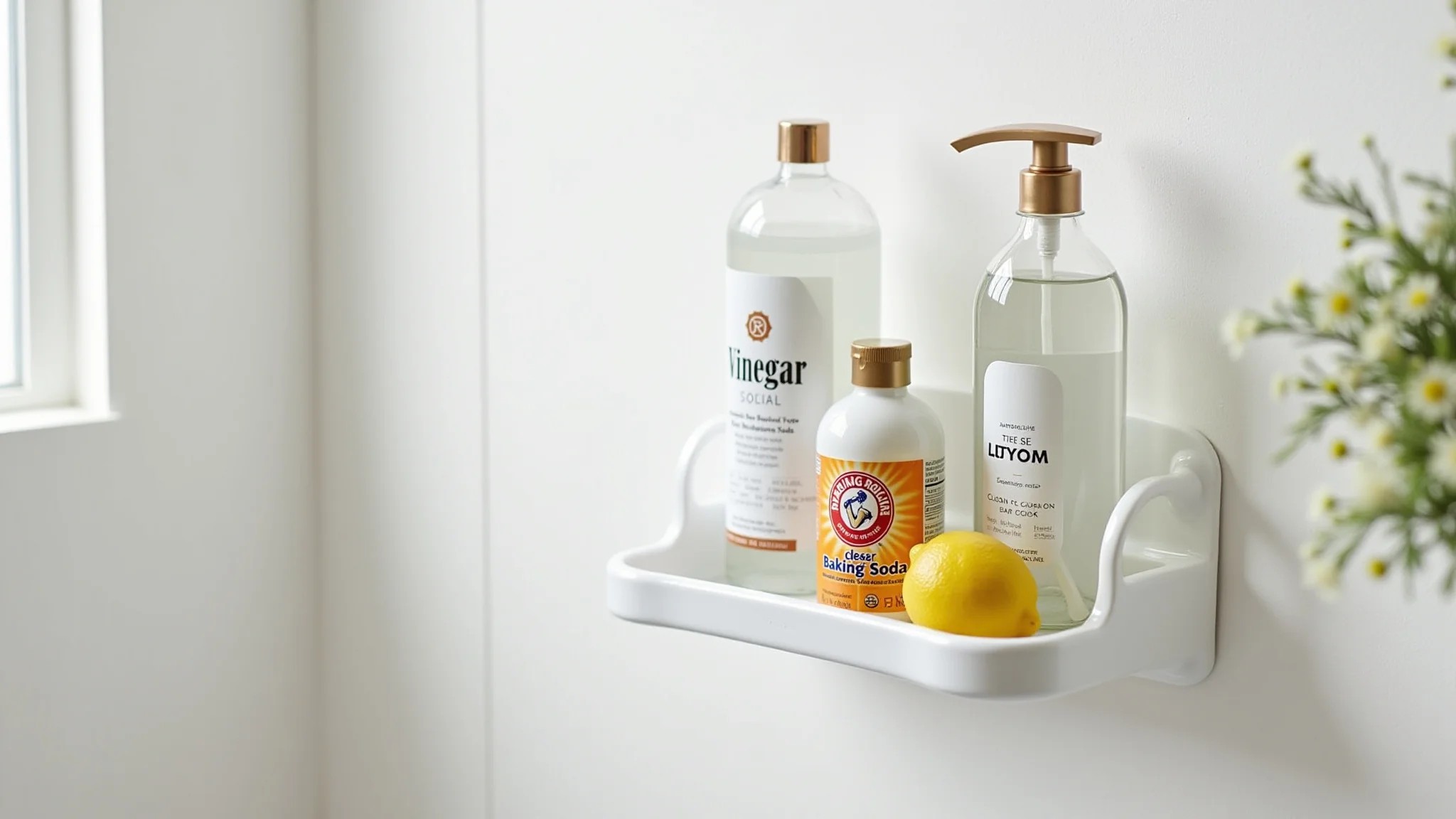 Prateleira de banheiro com produtos de limpeza naturais.