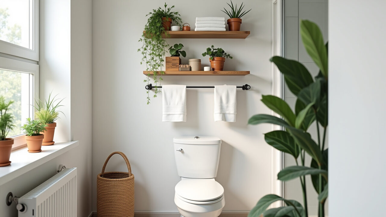 Prateleiras organizadas acima do vaso sanitário com plantas e toalhas.