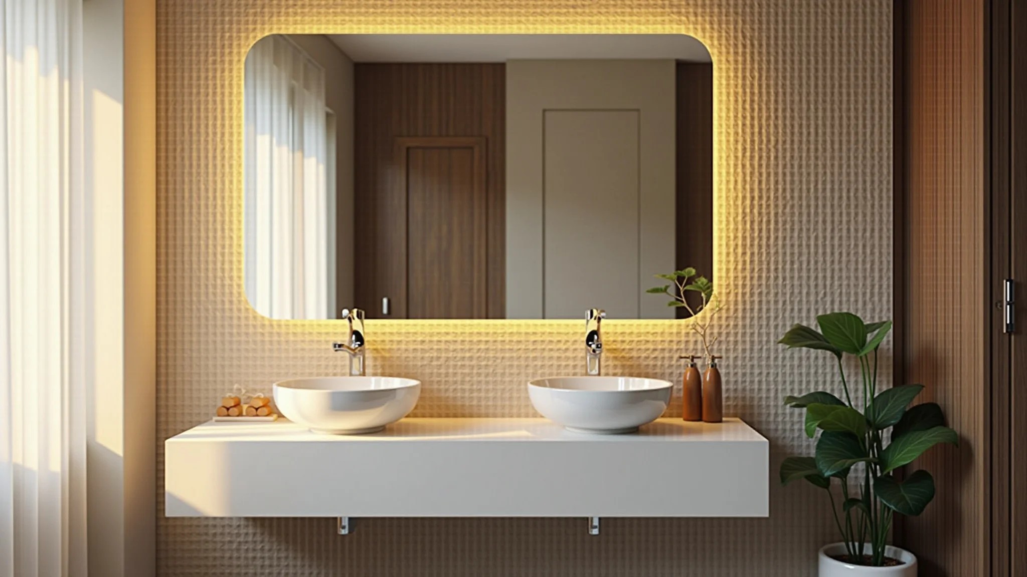 Espelho de banheiro emoldurado com pastilhas de vidro, iluminação suave, design brasileiro.