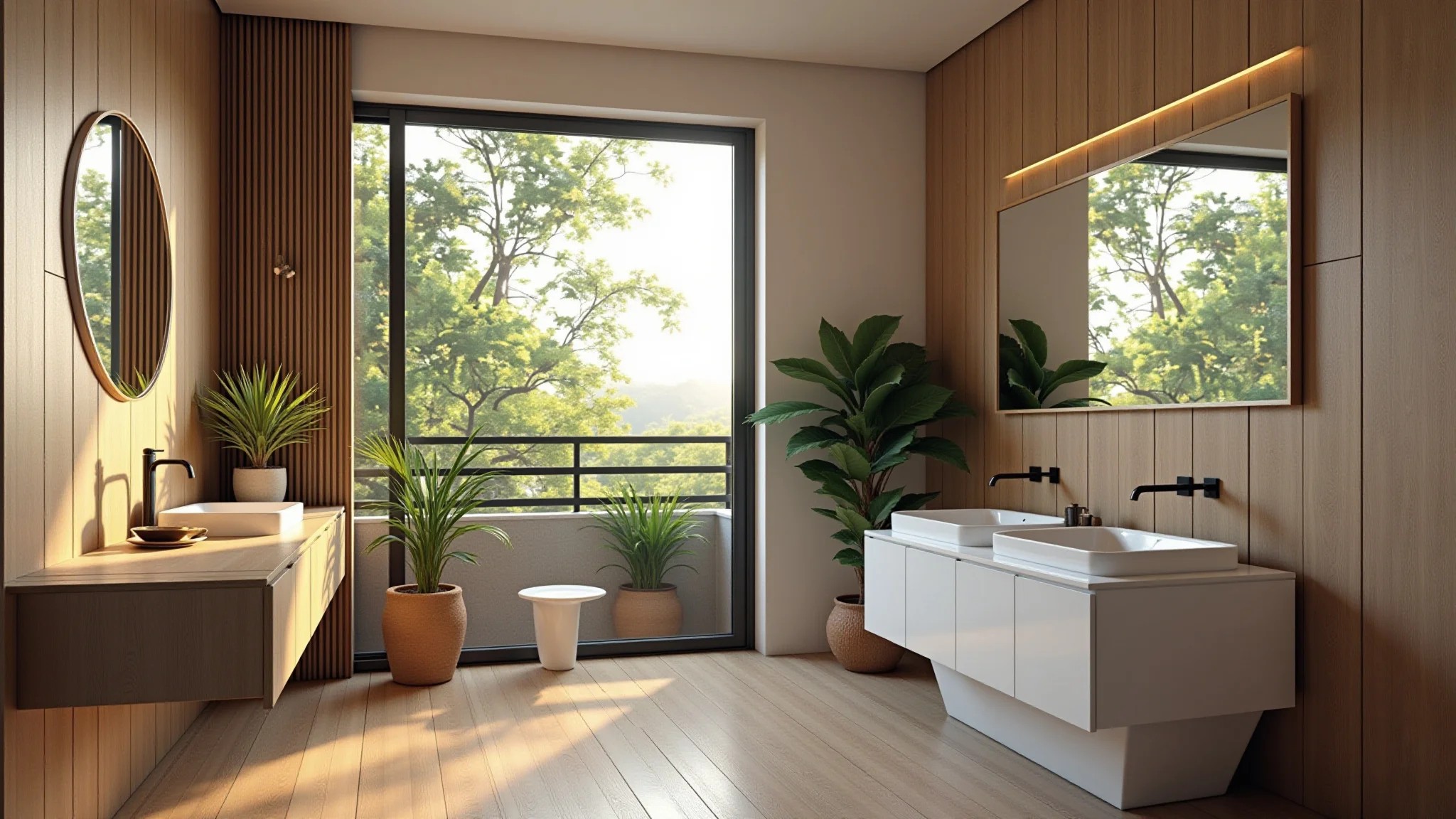 Banheiro com revestimento de porcelanato que imita madeira, iluminação natural e plantas.