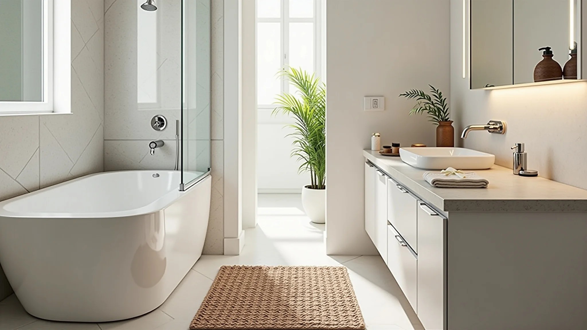 Banheiro com tapete de crochê quadrado, design clean e cores suaves.