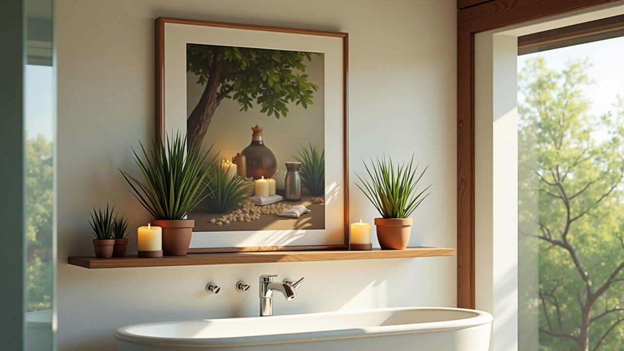 Banheiro com prateleira para quadros exibindo plantas, velas e arte relaxante.