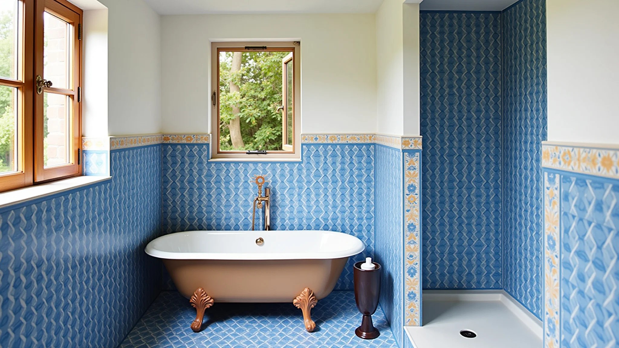 Banheiro vibrante com porcelanato geométrico azul e toques coloridos.