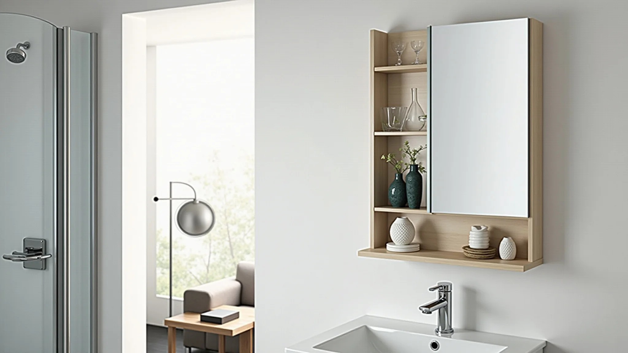 Banheiro minimalista com armário espelheira embutido e objetos decorativos.