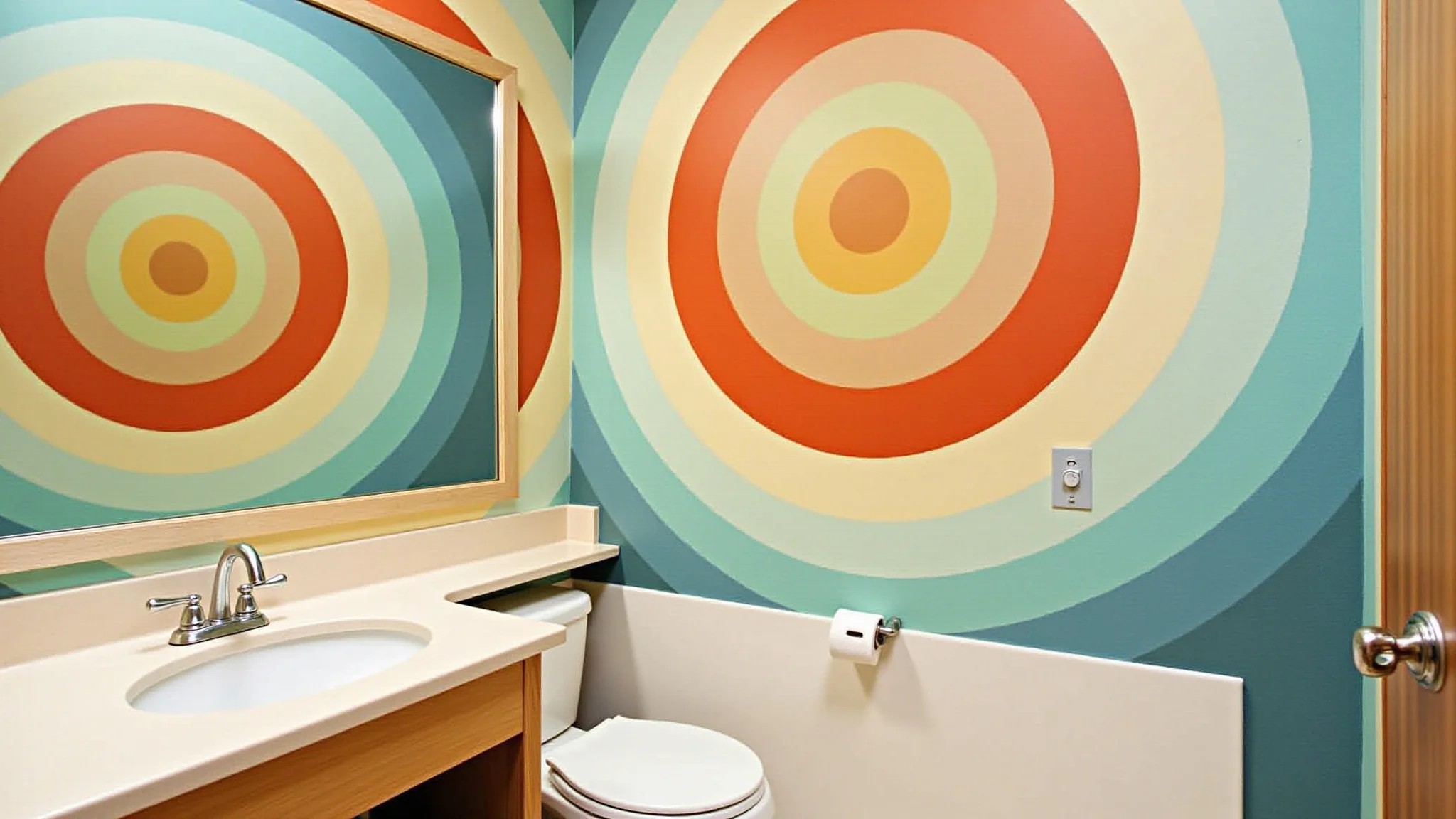 Banheiro com círculos concêntricos pintados na parede, cores vibrantes e efeito visual dinâmico.