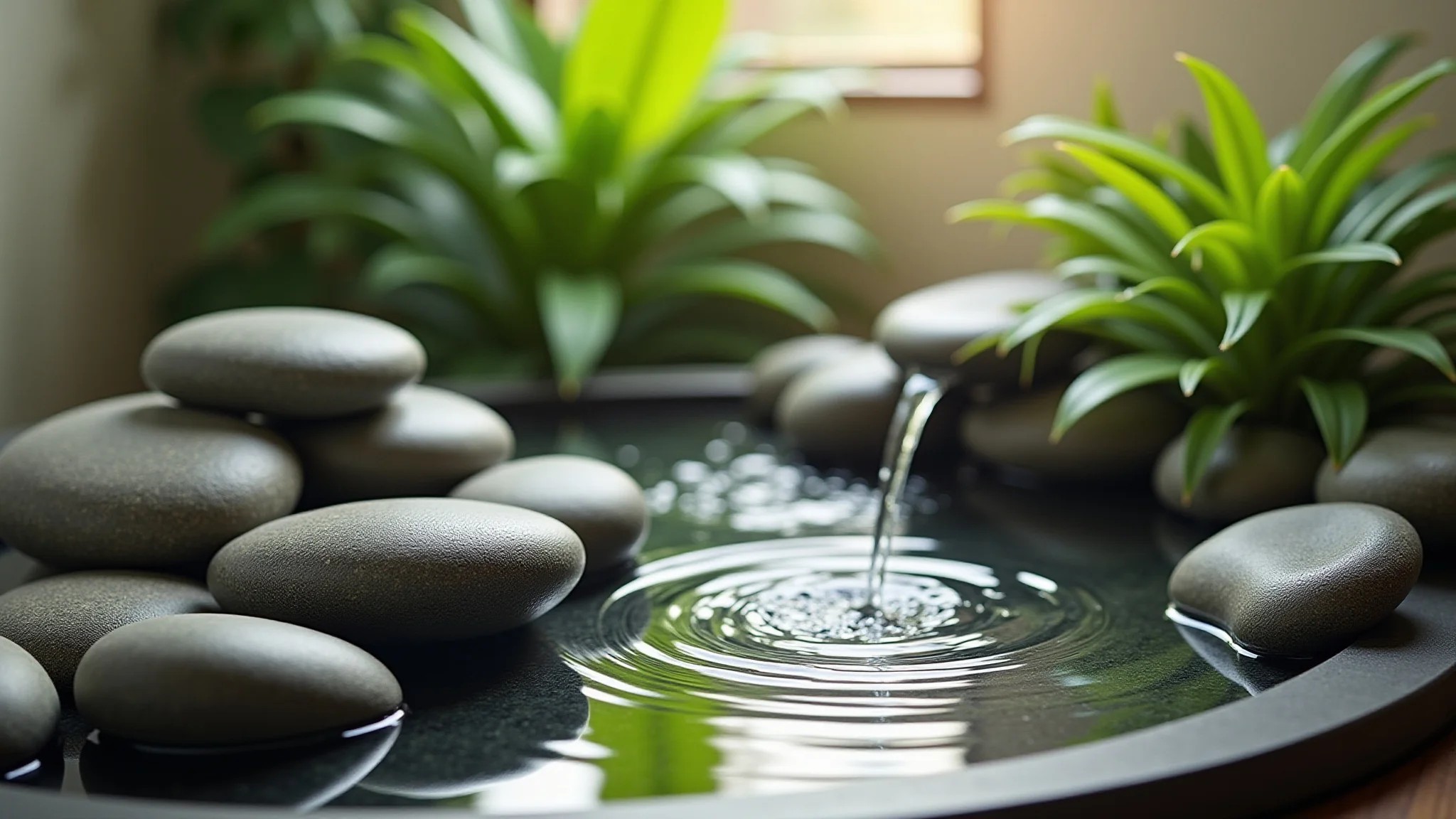 Banheiro zen com pedras decorativas, fonte de água e plantas verdes.