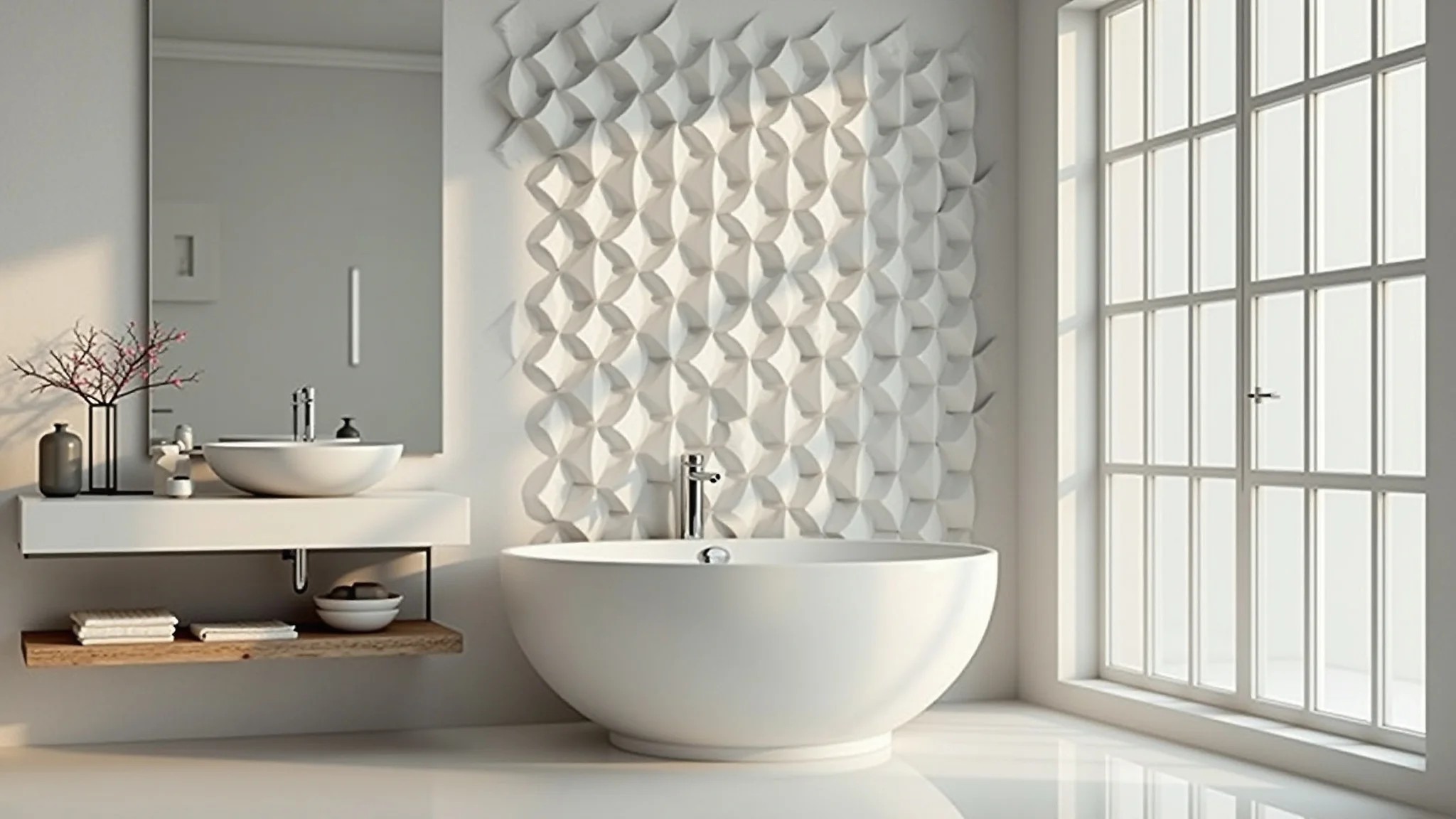 Banheiro com parede geométrica 3D, iluminação clara, design moderno e linhas limpas.