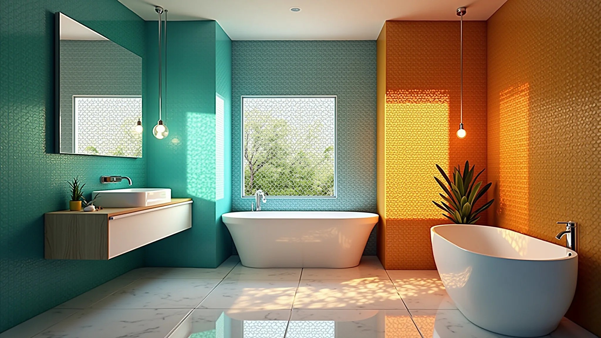 Banheiro com pastilhas de vidro coloridas, estilo brasileiro, criando um espaço único e personalizado.