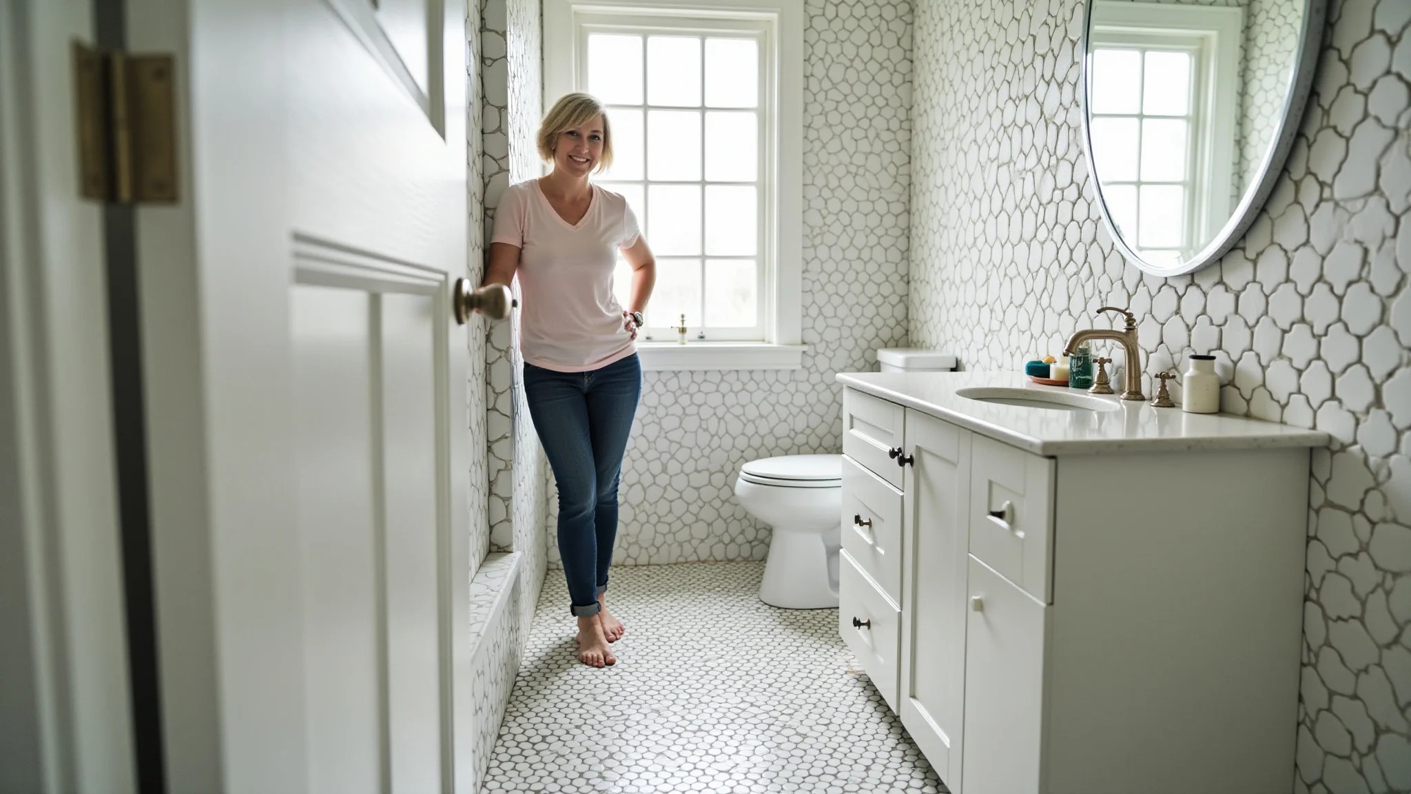 Banheiro com piso hexagonal, design clean e luz natural, com uma mulher de meia-idade.