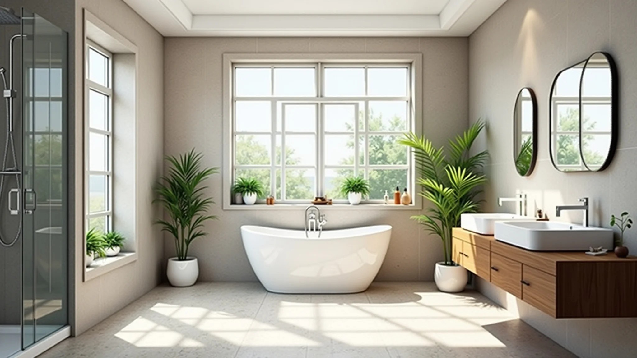 Banheiro com pé direito alto, chuveiro de teto, revestimentos claros e decoração minimalista.