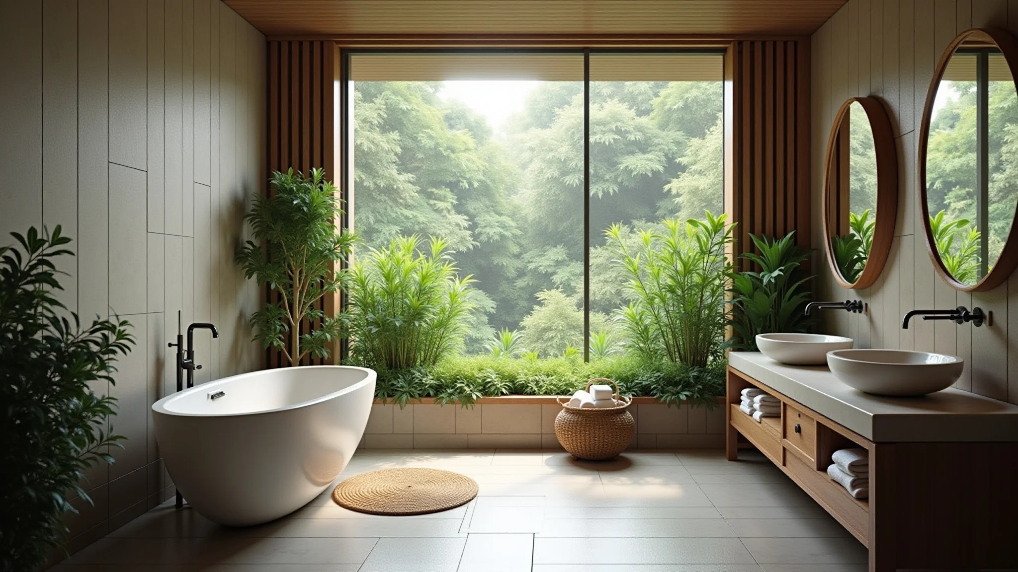Banheiro com vista para a natureza, plantas e materiais naturais.