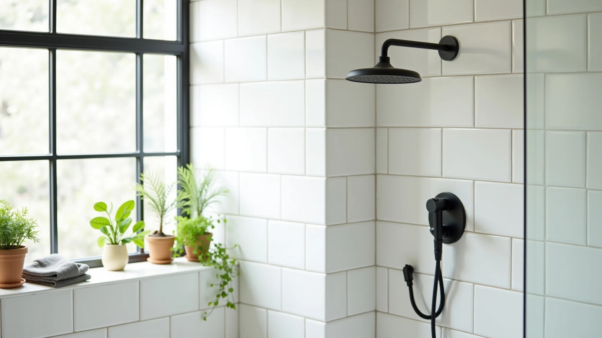 Banheiro com chuveiro e metais pretos foscos, azulejos brancos e plantas verdes.