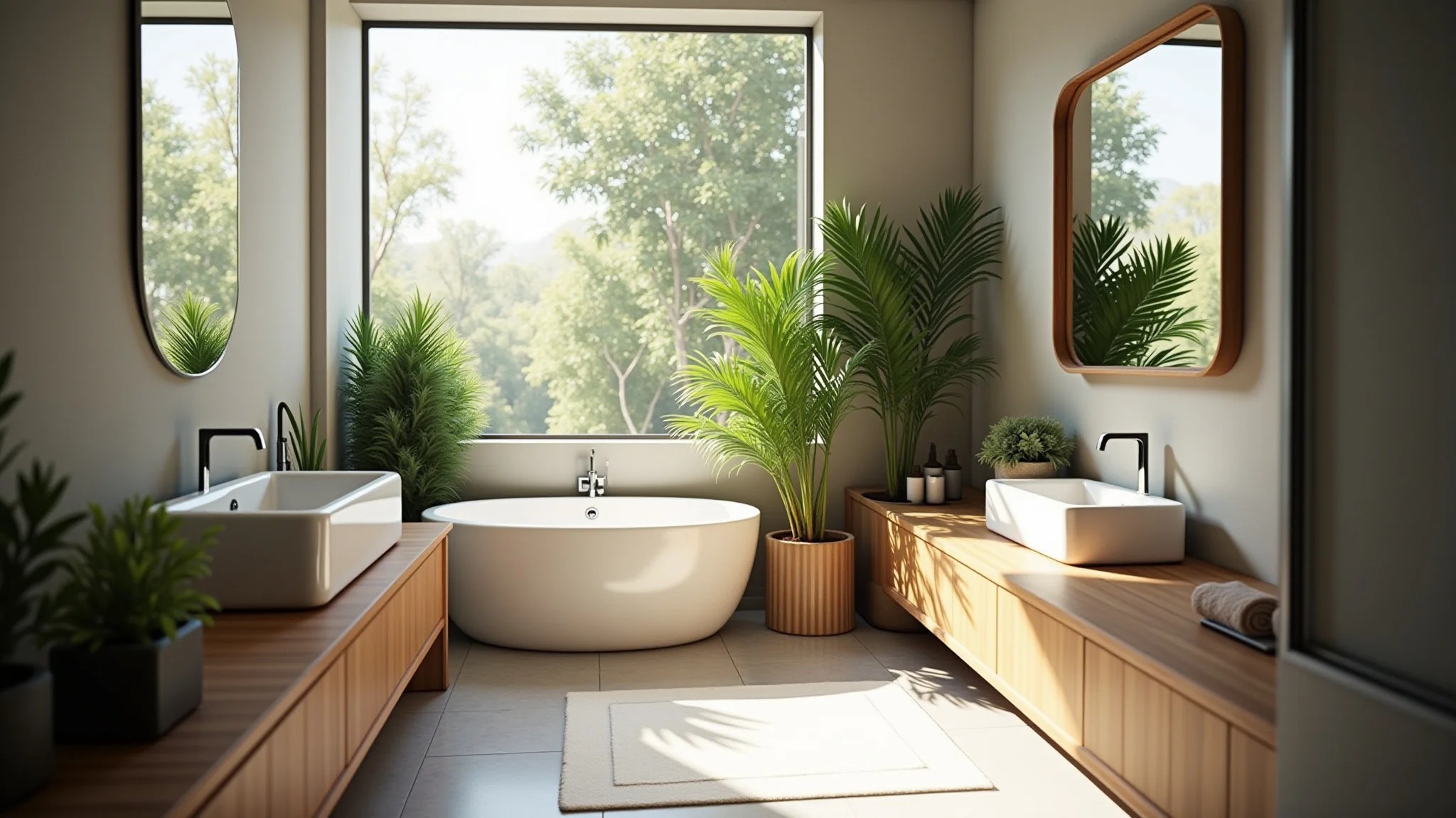 Banheiro iluminado com luz natural, janela ampla e plantas, estilo brasileiro.