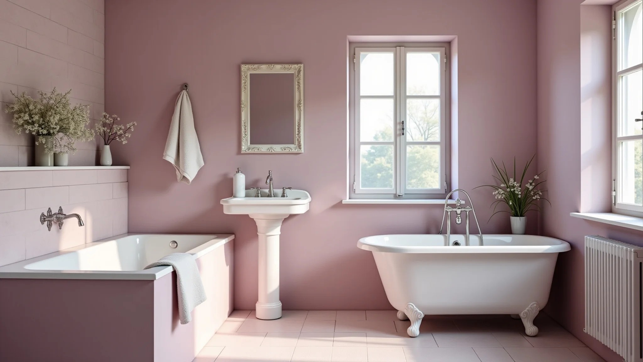 Banheiro rosa lilás com estilo provençal, flores e iluminação suave, ambiente elegante.