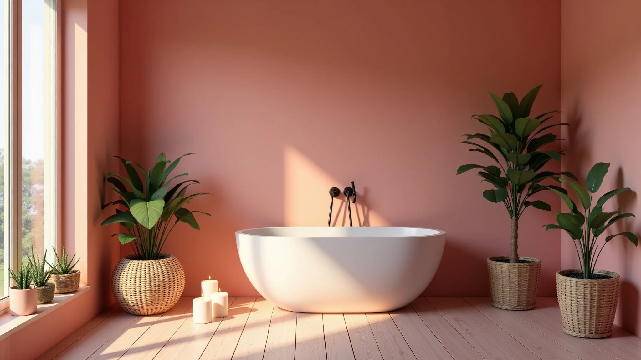 Banheiro rosa salmão aconchegante com velas e plantas, ambiente relaxante.