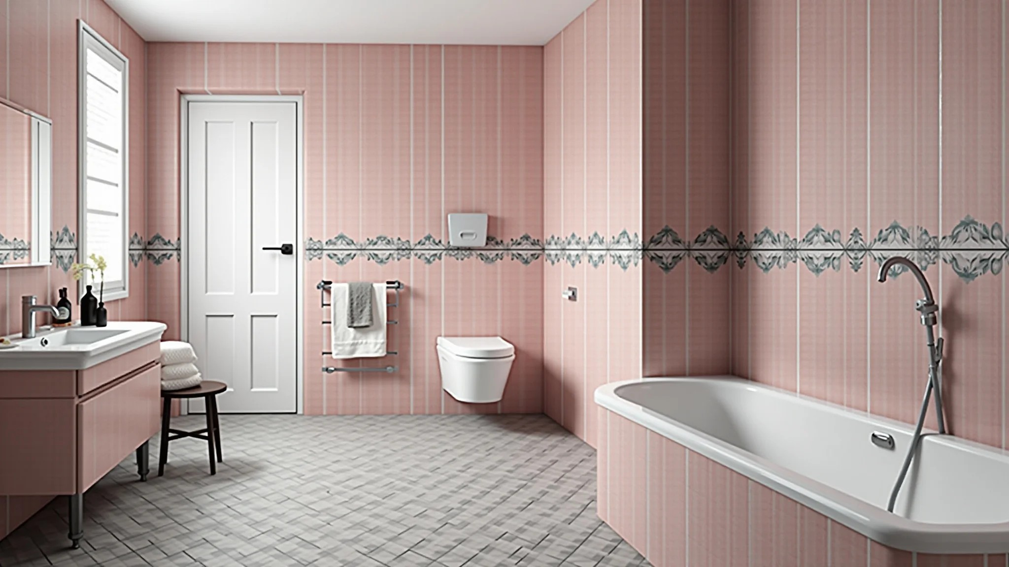 Banheiro com azulejos rosa e design geométrico, estilo moderno e iluminação vibrante.
