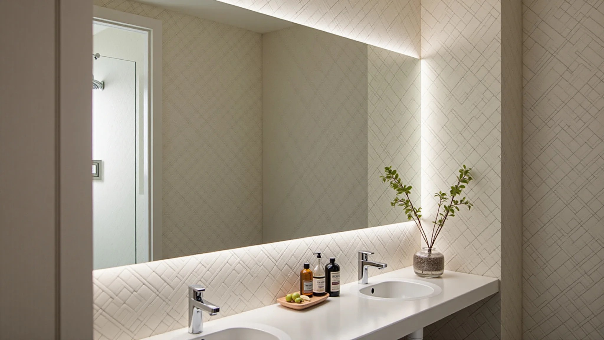 Banheiro elegante com papel de parede TNT impermeabilizado e iluminação suave.