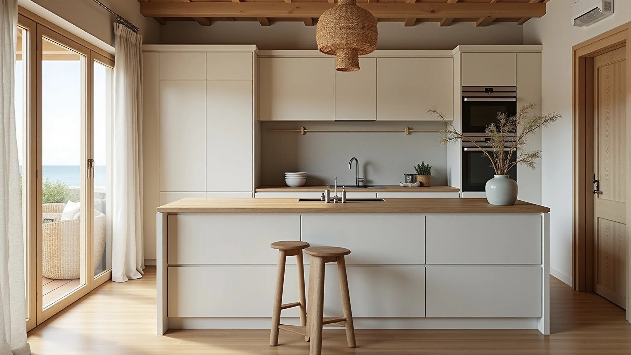 Cozinha de casa de praia com materiais naturais, bancadas de madeira e texturas de palha.