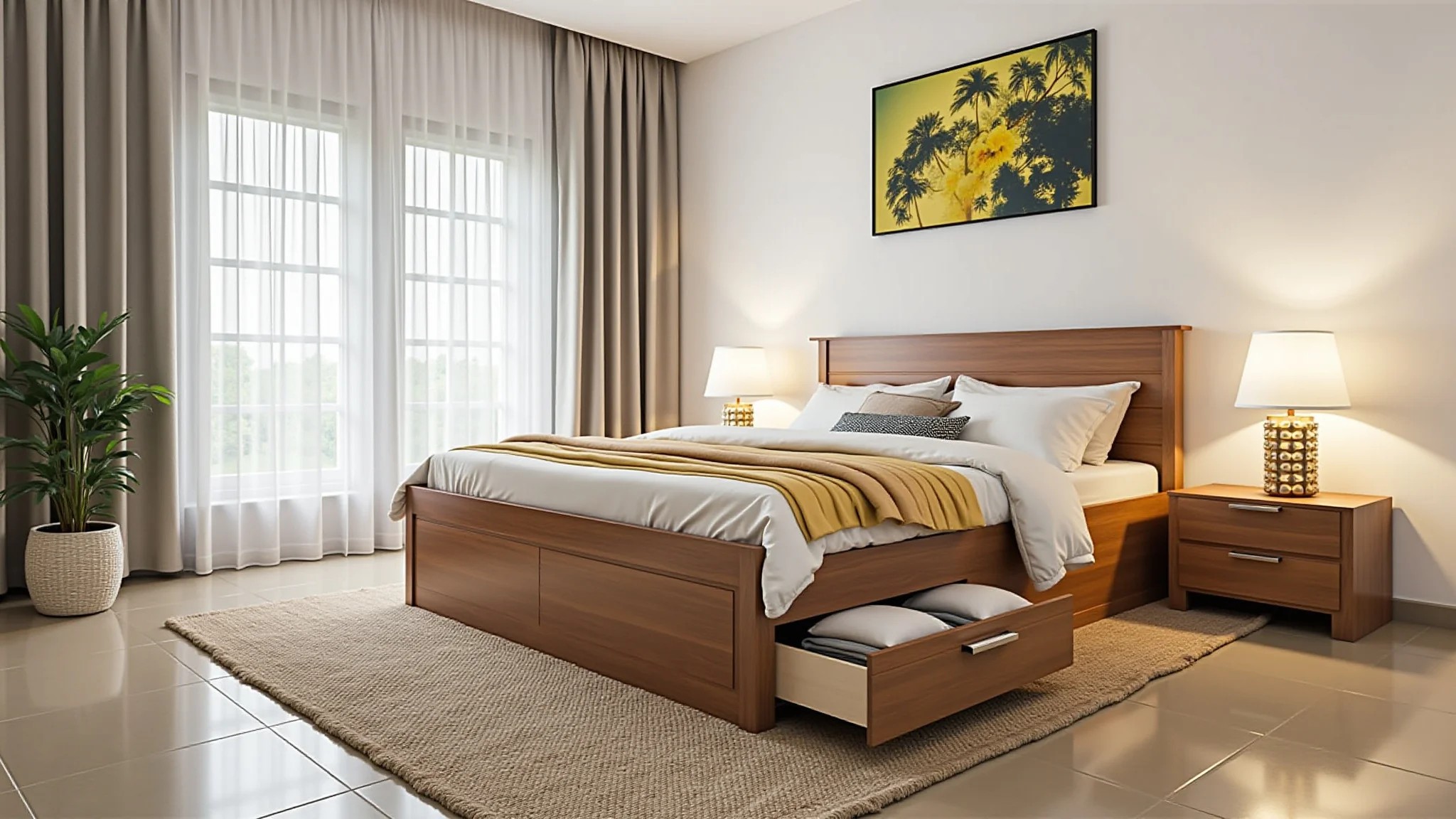 Cama com gavetas embutidas para otimizar espaço em quarto pequeno no Brasil.