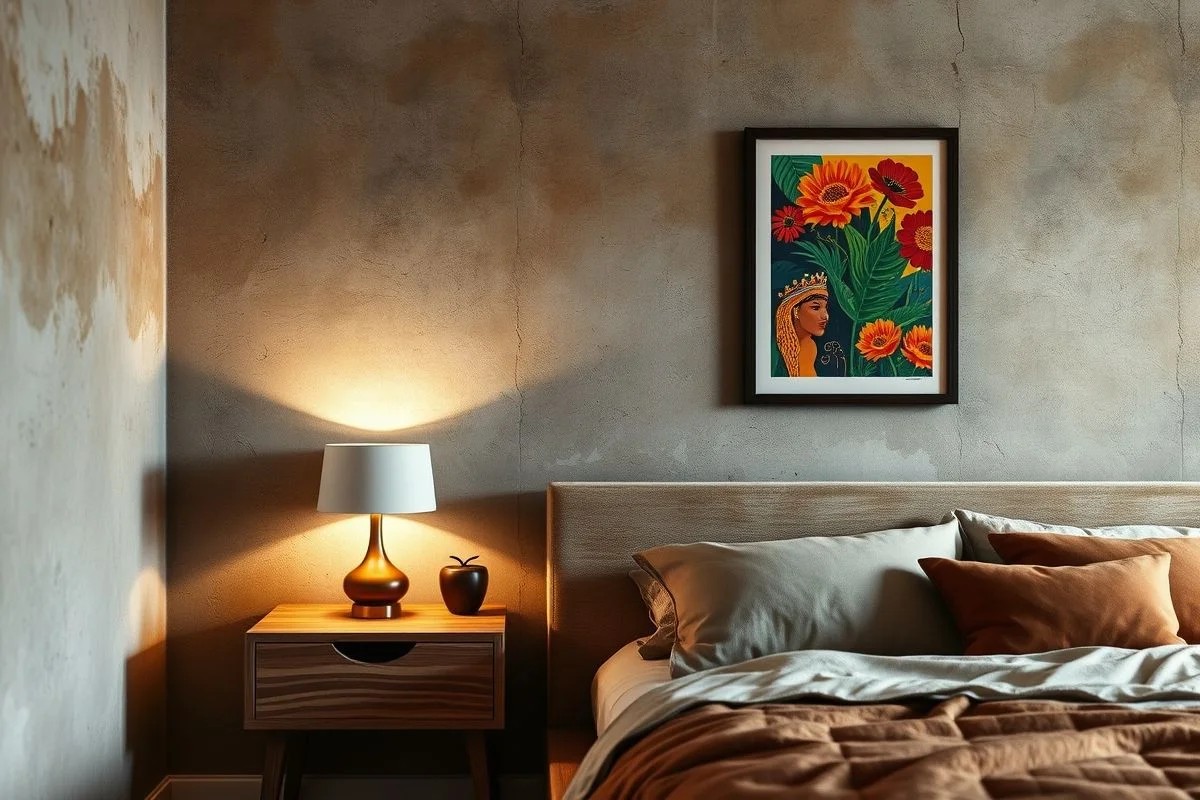 Quarto com parede de cimento queimado, madeira e arte brasileira.
