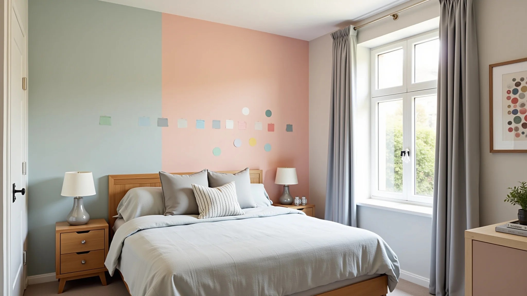 Quarto com área de teste de cores na parede e amostras de tinta.