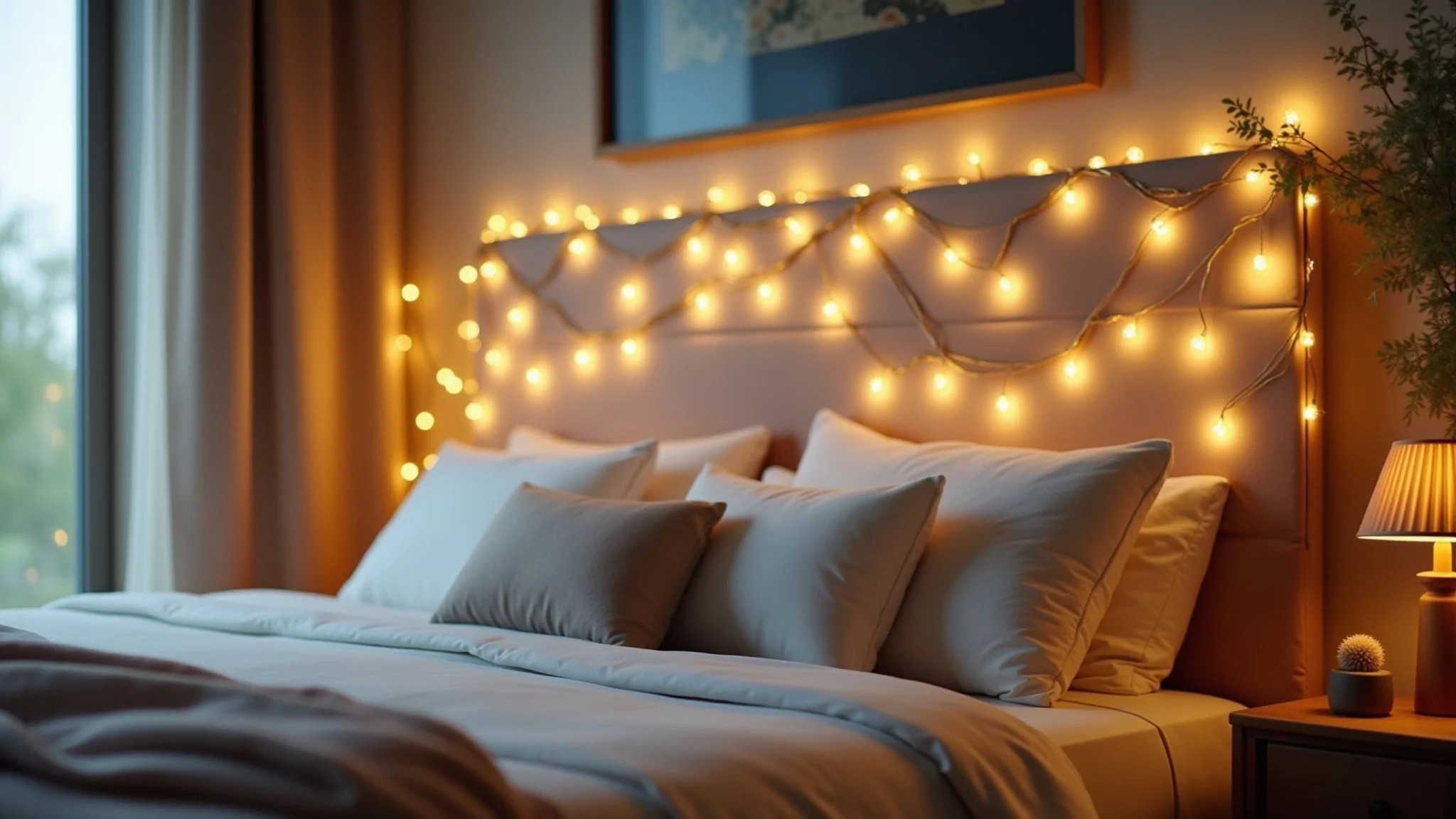 Cabeceira da cama decorada com pisca pisca branco quente, criando brilho suave.